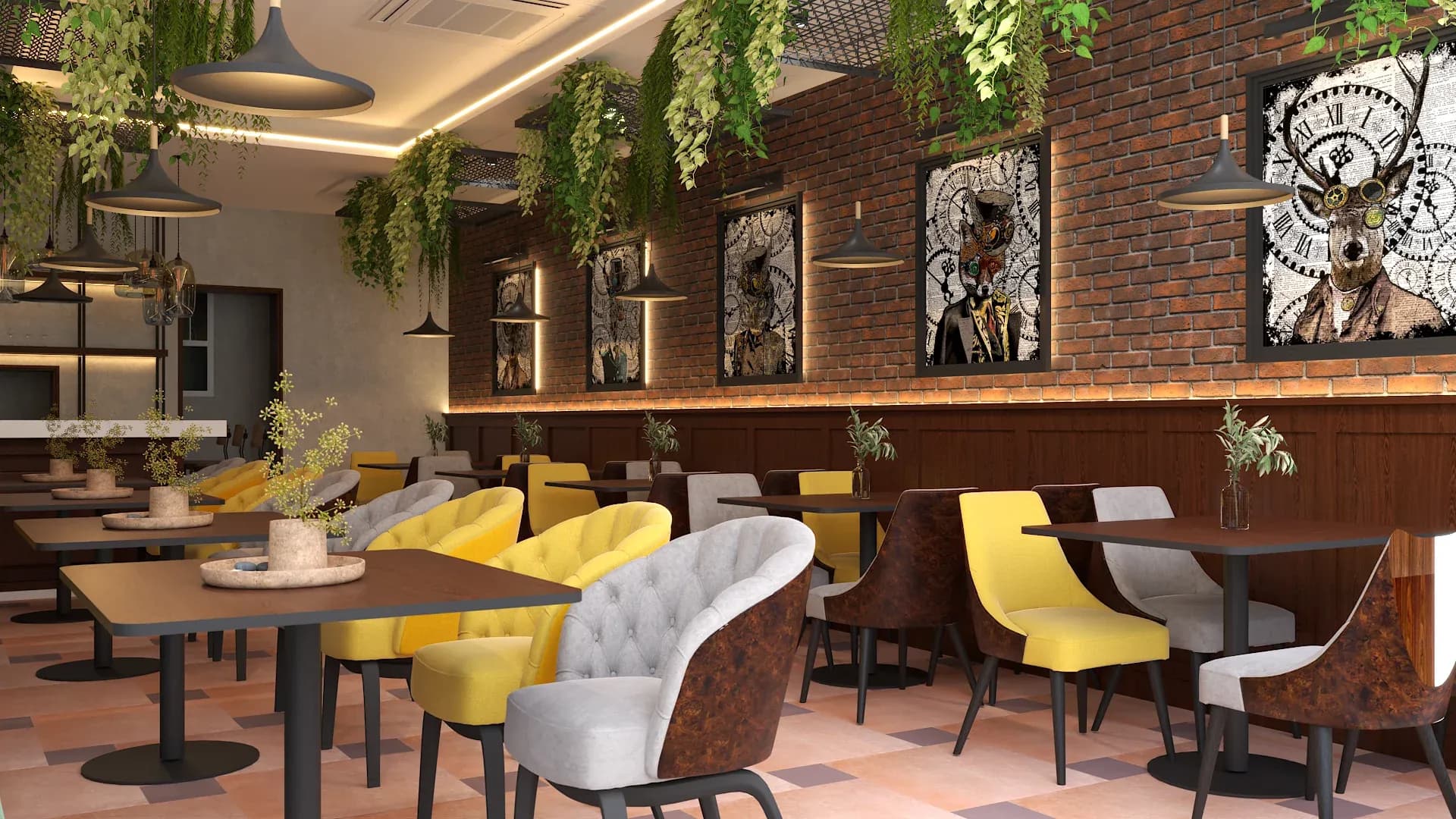 Wide-angle restaurant interior with exposed brick walls, steampunk clock gear artwork, bright yellow tufted armchairs, gray upholstered seats, dark round tables, trailing ceiling greenery, dark pendant lights, and checkerboard tile floor designed by Debora Interiors