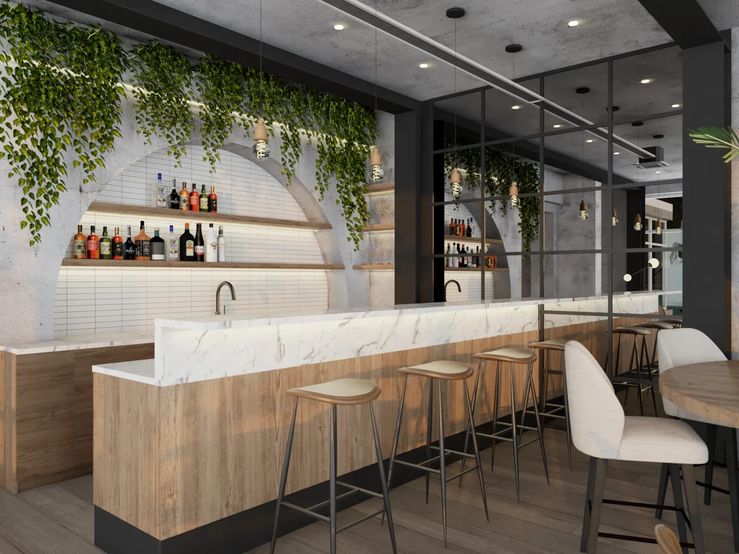 Modern bar area with white marble countertop on natural wood base, tall leather bar stools, arched alcove wine bottle shelving behind bar, trailing green plants cascading from above, exposed concrete ceiling, and glass partition reflecting the dining area designed by Debora Interiors