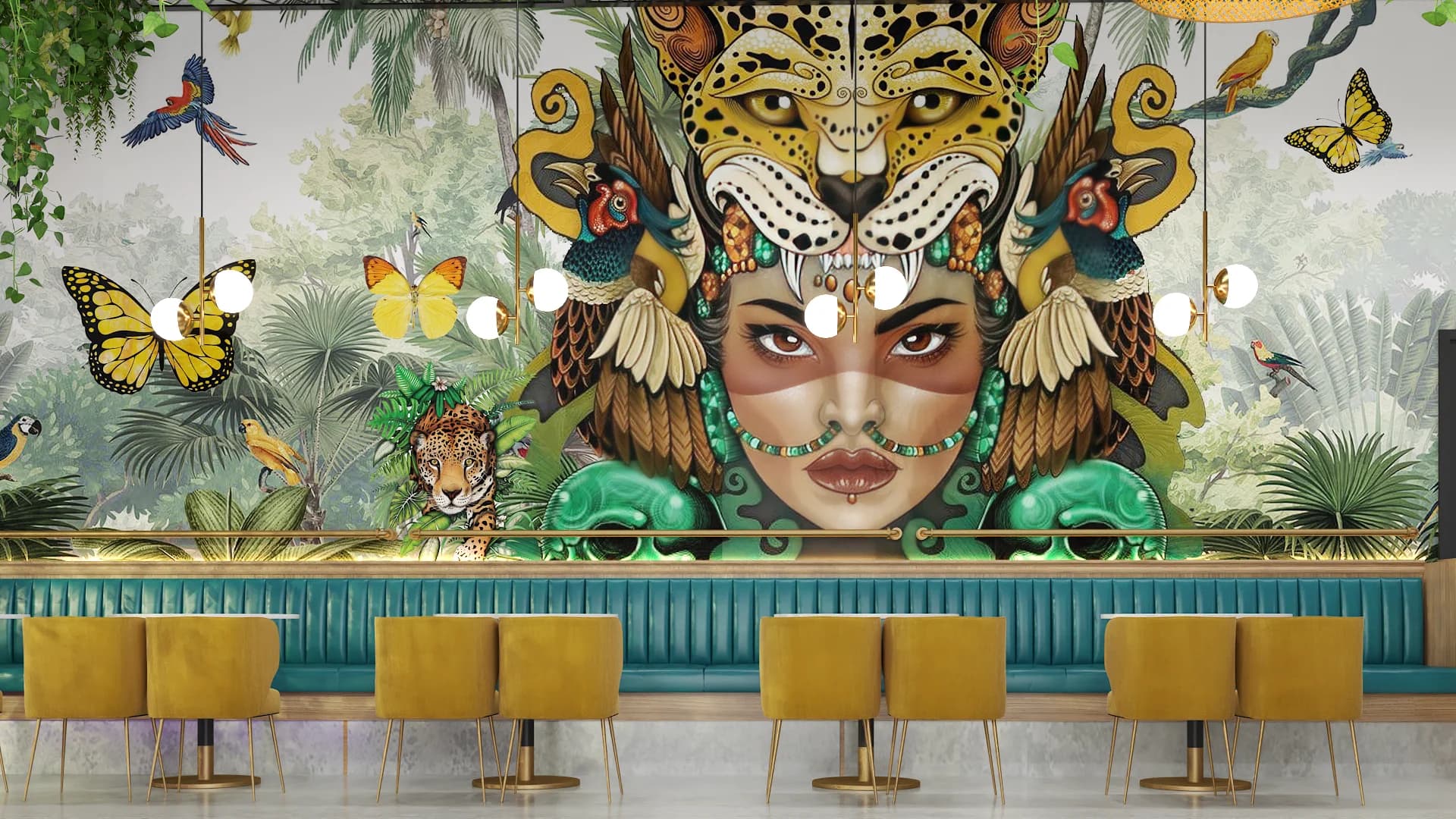 Large jaguar goddess mural with butterfly motifs, teal bar front and gold stools