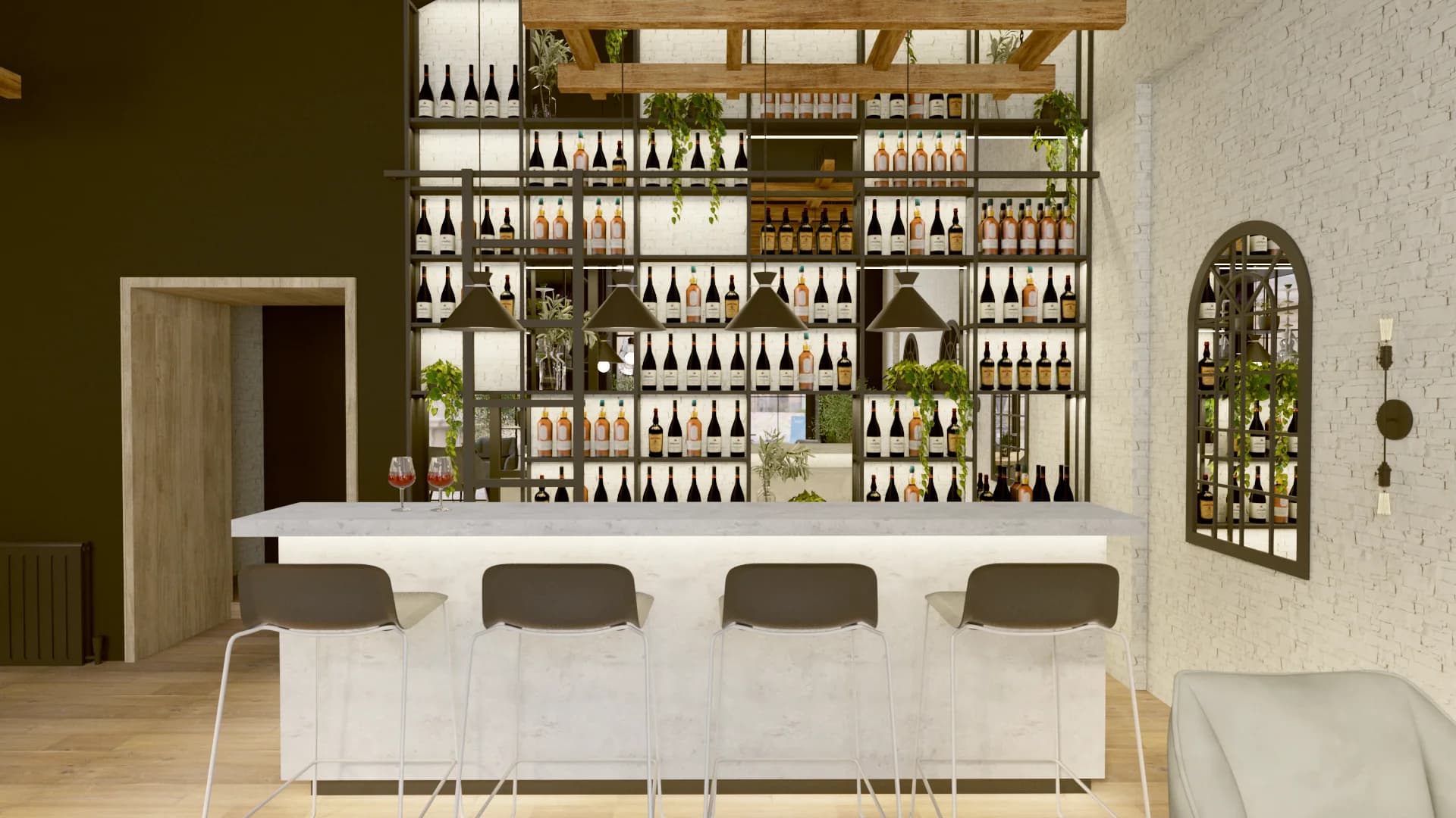 White marble bar counter with dark barstools and floor-to-ceiling wine bottle display shelving