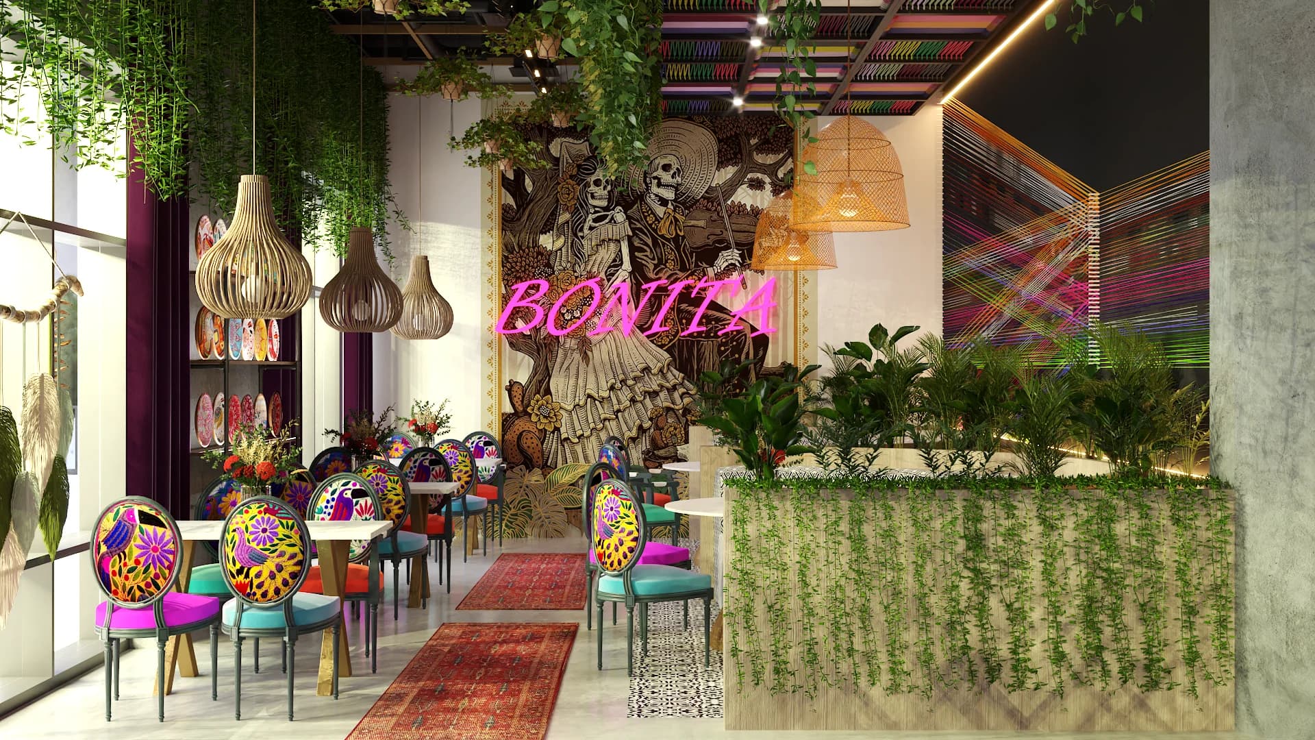 Day of the Dead mural dining room with folk-painted chairs, rattan pendants, and trailing greenery