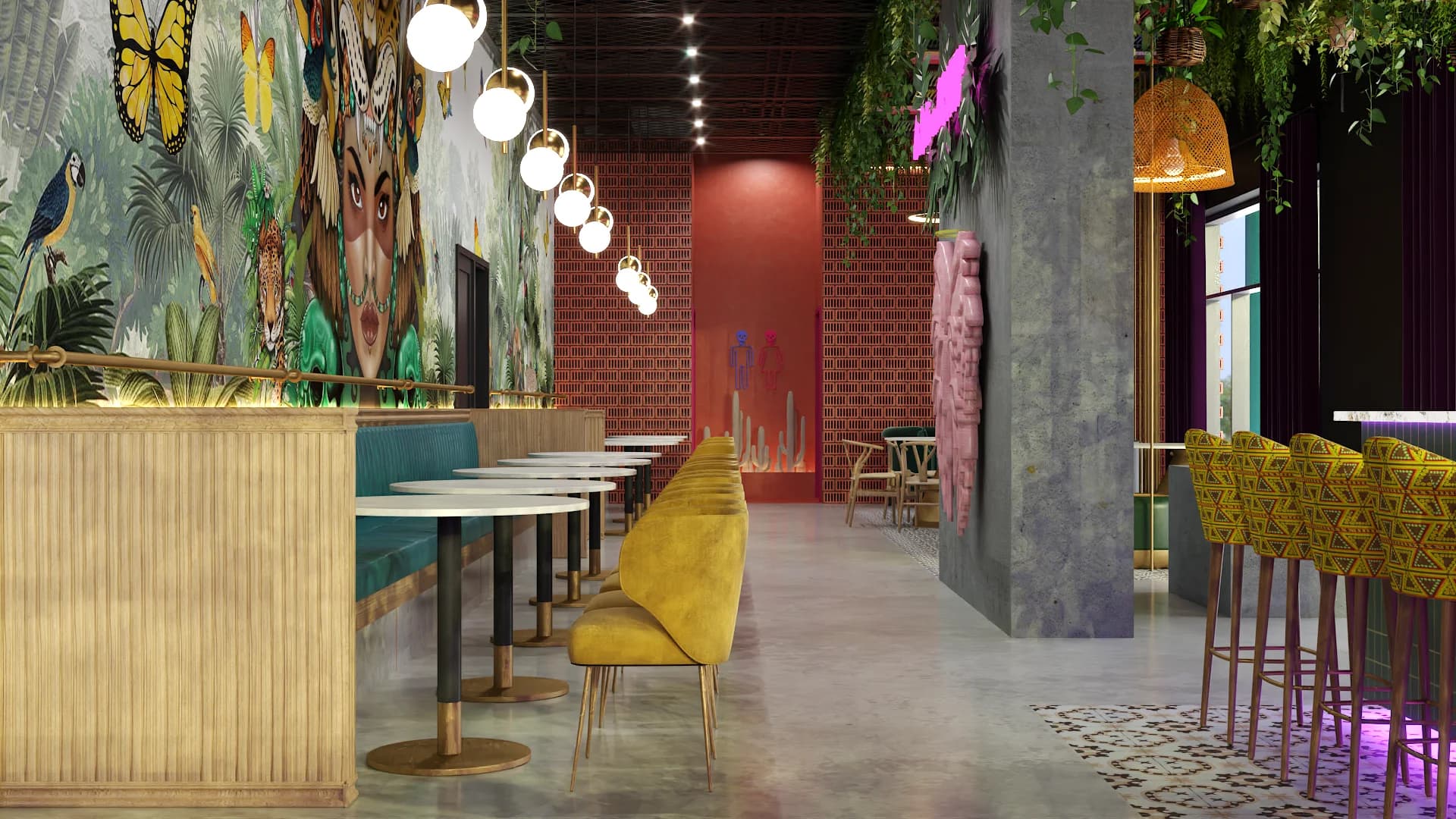 Decorative Mexican plate shelves with purple tufted banquettes and wishbone chairs