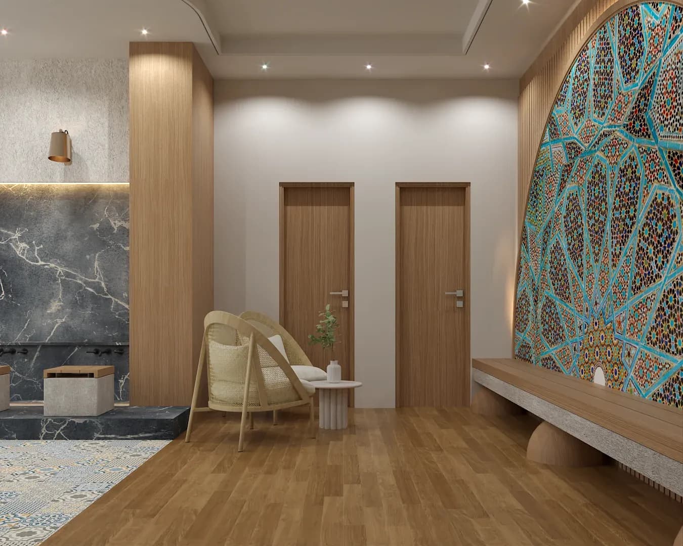Restaurant lobby featuring a turquoise and gold stained glass mosaic arch, dark gray marble wall panel with built-in bench, light wood flooring, and warm recessed lighting designed by Debora Interiors