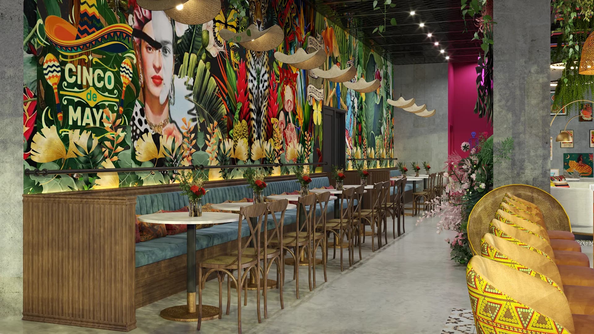 Full-length tropical mural with teal banquette seating and hanging woven pendants