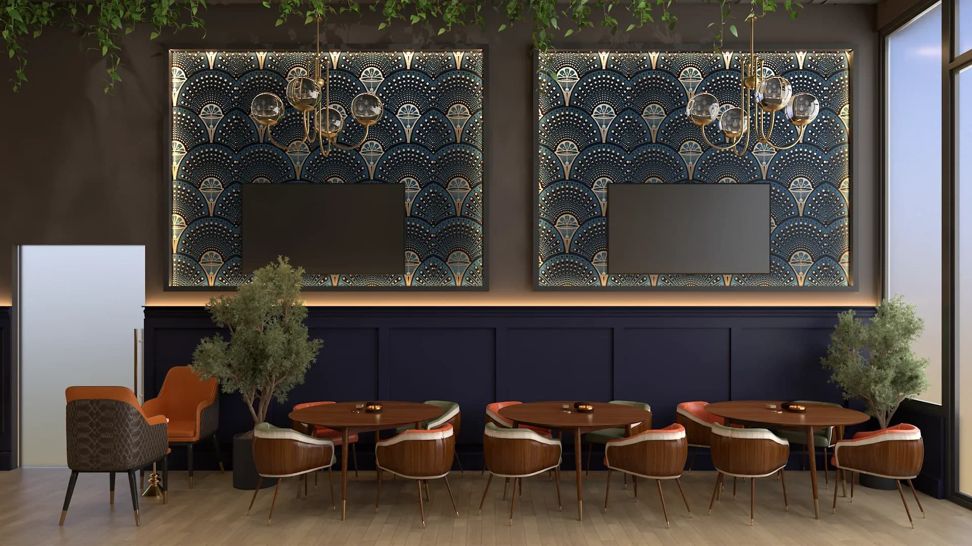 Booth dining section with two large framed art deco teal and gold fan-pattern wallpaper panels with backlit edges, navy blue wainscoting below, round walnut tables with brown and orange curved-back chairs, glass bubble chandeliers, trailing ceiling greenery, potted olive trees, and oak hardwood floor