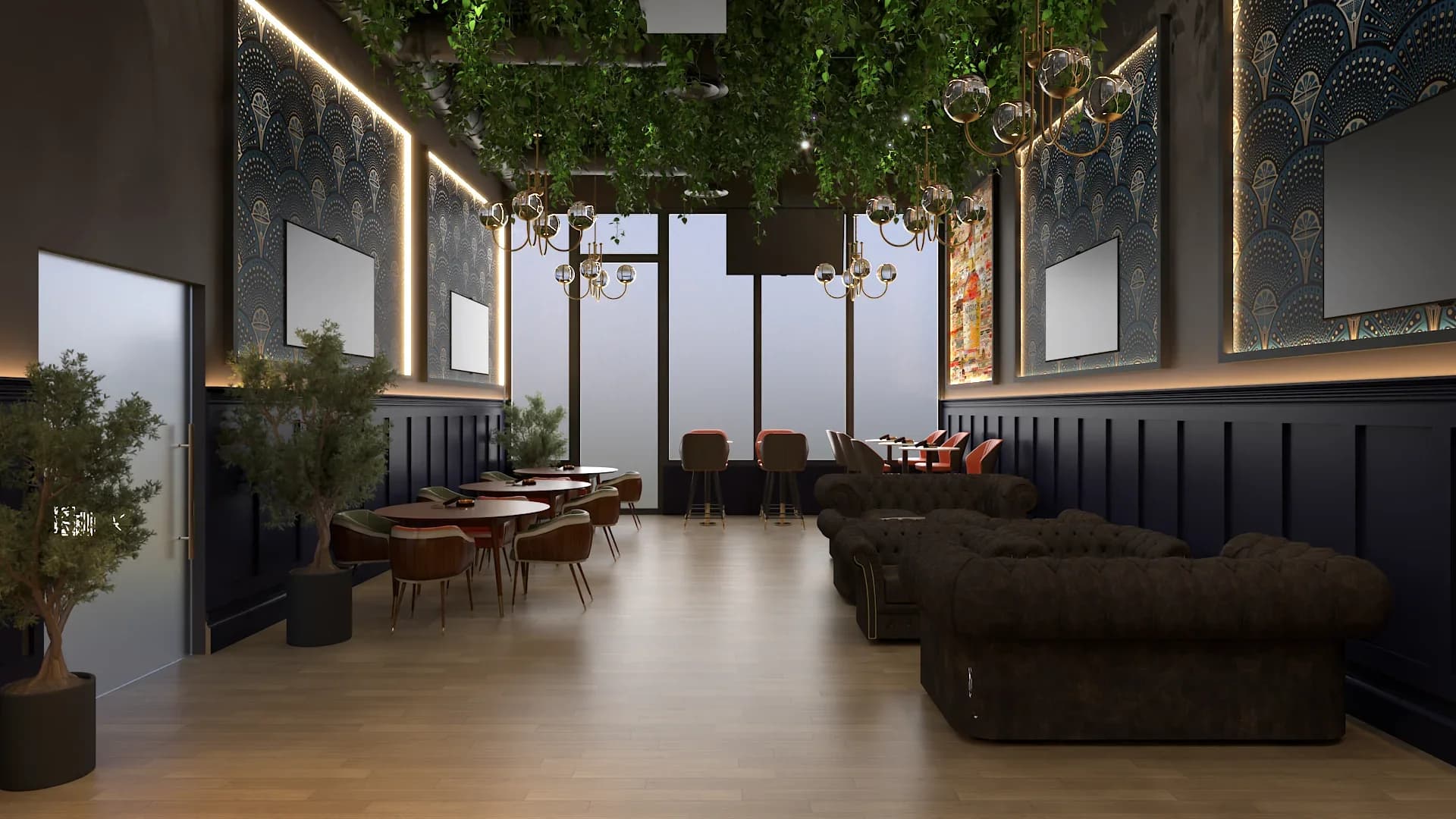 Long narrow restaurant interior with dense ceiling greenery, glass bubble chandeliers with gold frames, navy blue wainscoting on both walls, art deco teal fan-pattern wallpaper panels with LED frame lighting, brown tufted leather sofas, potted olive trees, and light oak hardwood flooring