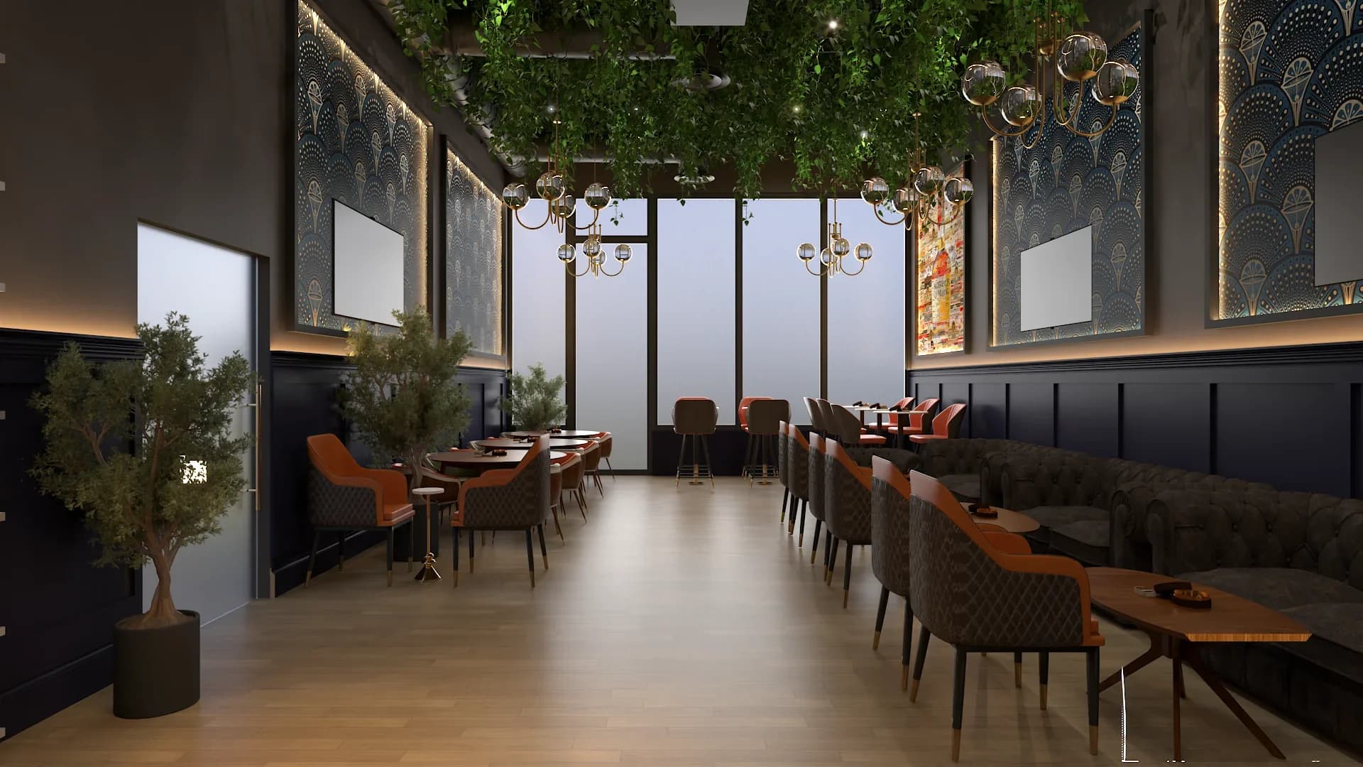 Dining hall with overhead green foliage canopy, glass globe chandeliers on gold armatures, orange and olive upholstered dining chairs at wooden tables, navy wainscoting with art deco wallpaper above, pop-art artwork on the far wall, brown leather banquette sofas, and potted olive tree accents