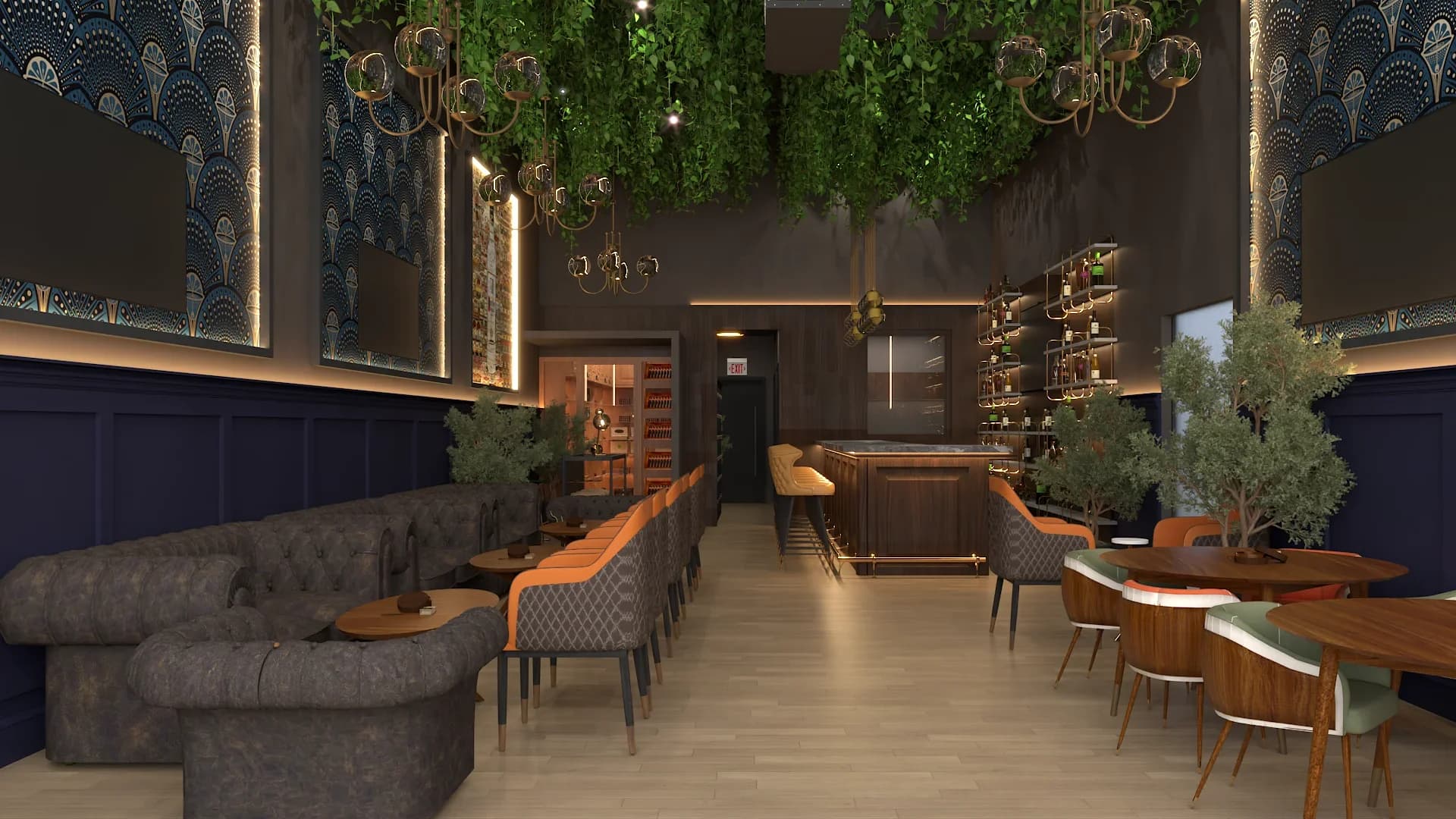 Narrow dining room viewed from the back showing dark brown leather curved banquette sofas with round walnut tables, mixed seating of olive green and orange upholstered chairs, ceiling greenery overhead, gold bubble chandeliers, backlit art deco wallpaper panels, and a bar area in the distance