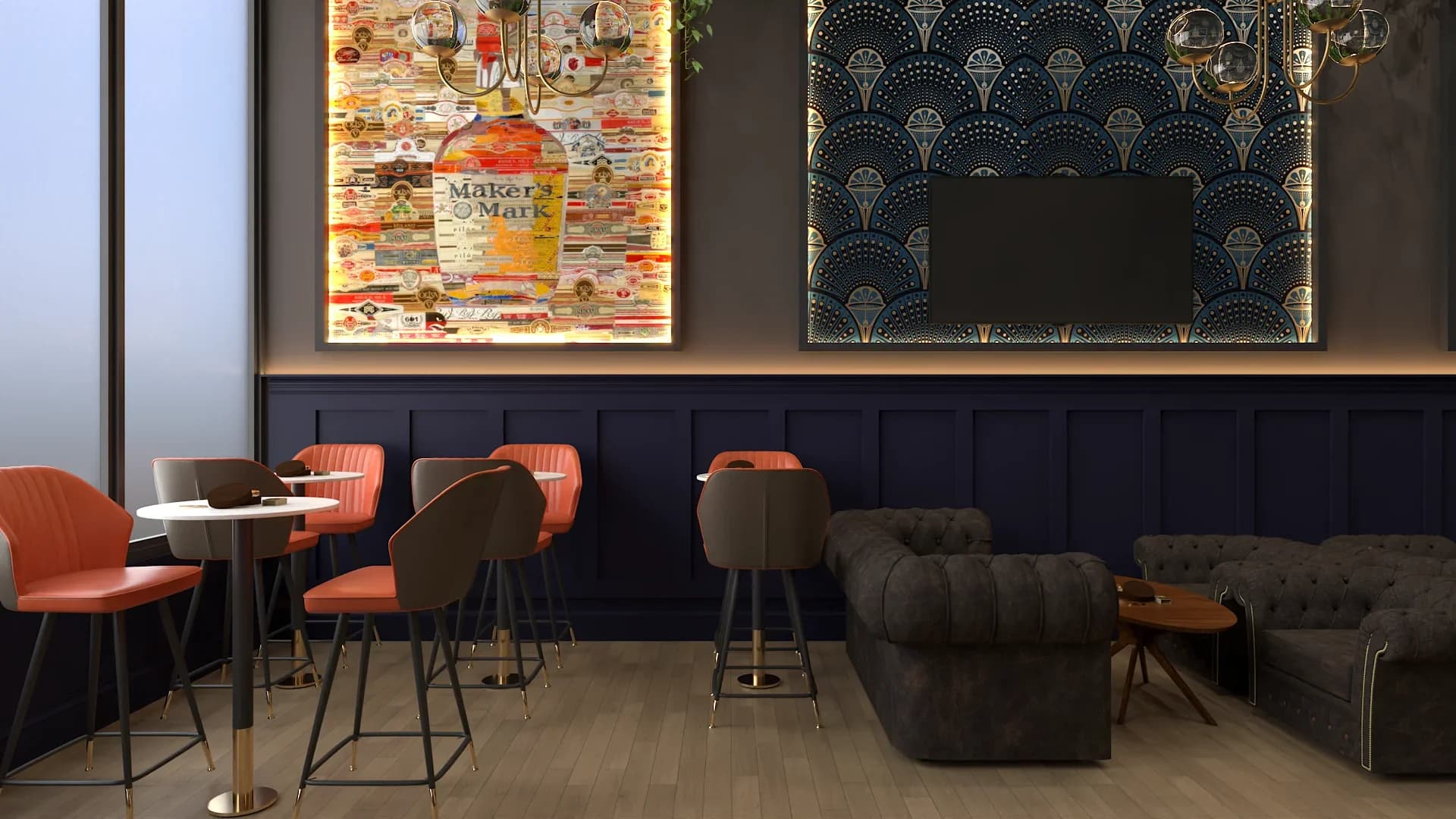 Bar area with navy blue paneled wainscoting, coral and brown leather bar stools at high tables, a large pop-art collage painting in a gold frame, art deco fan-pattern wallpaper in teal and gold, tufted dark brown leather sofa with a round walnut side table, and warm oak plank flooring