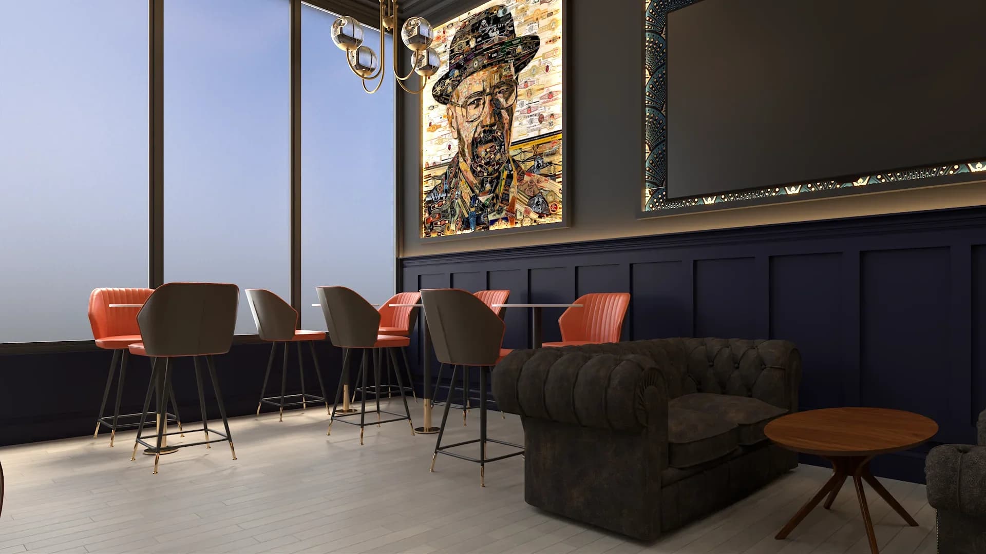 Lounge corner with a large pop-art portrait painting in a dark ornate frame on a charcoal wall, navy blue paneled wainscoting below, coral orange and brown leather bar stools at high tables by floor-to-ceiling windows, a tufted dark brown chesterfield sofa, and gold glass bubble chandelier above
