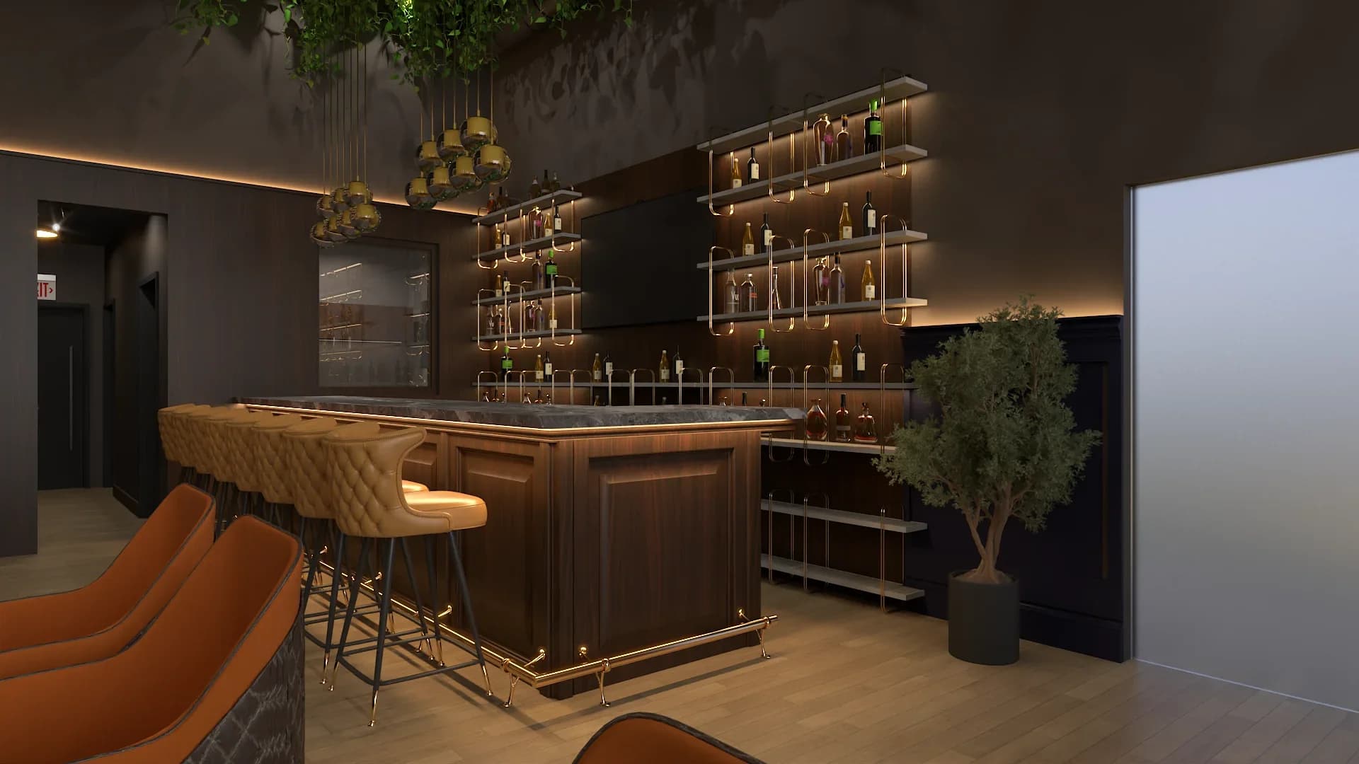 Full bar with dark walnut wood cabinetry, marble countertop with brass rail trim, tufted camel leather bar stools with gold metal legs, backlit floating shelves displaying wine and spirit bottles with gold pipe brackets, cluster of gold dome pendant lights, ceiling greenery, and an olive tree beside the counter