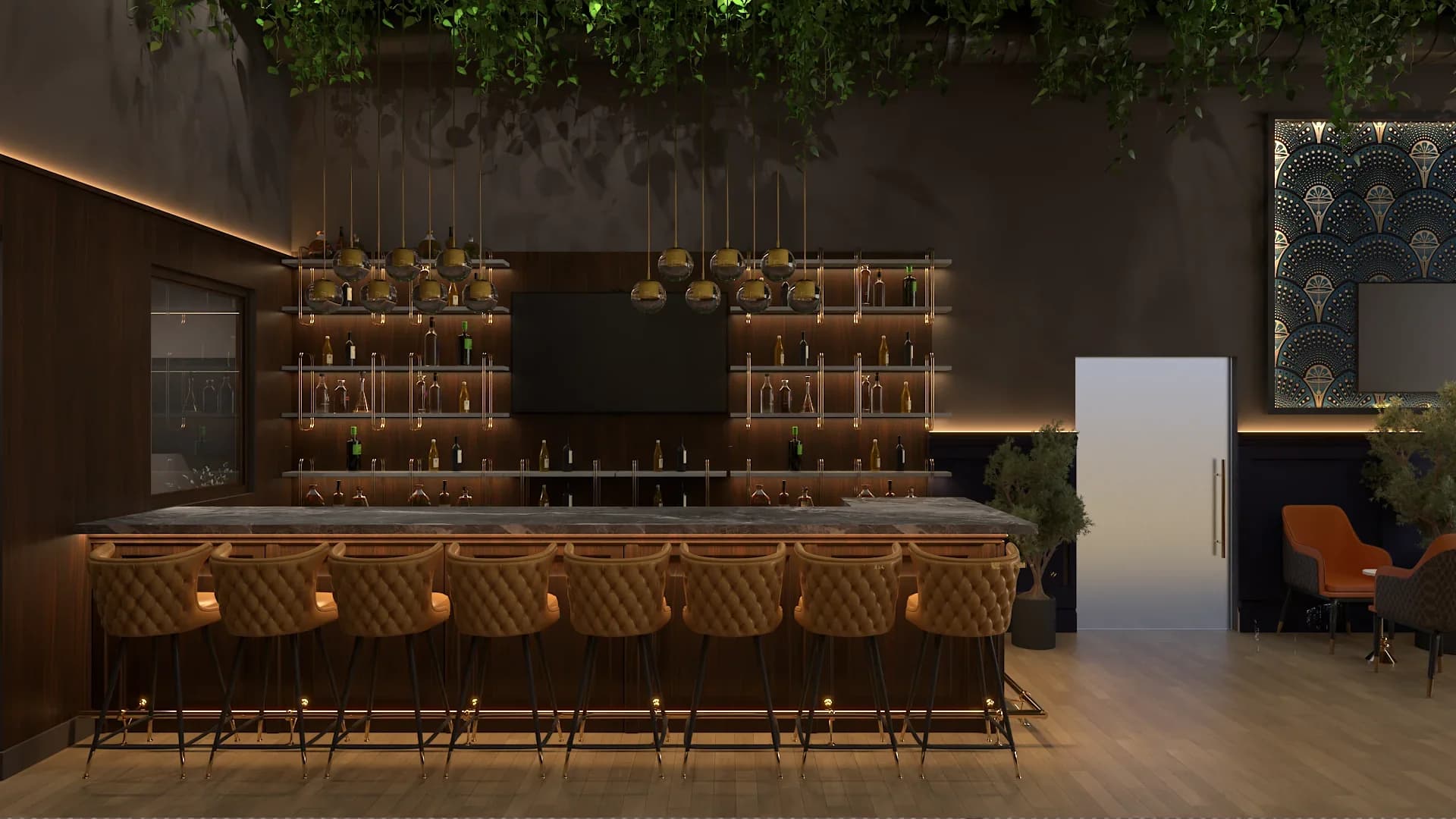Front-facing bar view with a long marble countertop on walnut wood base, row of tufted camel leather bar stools with brass legs, backlit bottle display shelves with gold pipe brackets, cluster gold dome pendants, mounted flat screen TV, ceiling greenery, and art deco wallpaper accent on the right wall