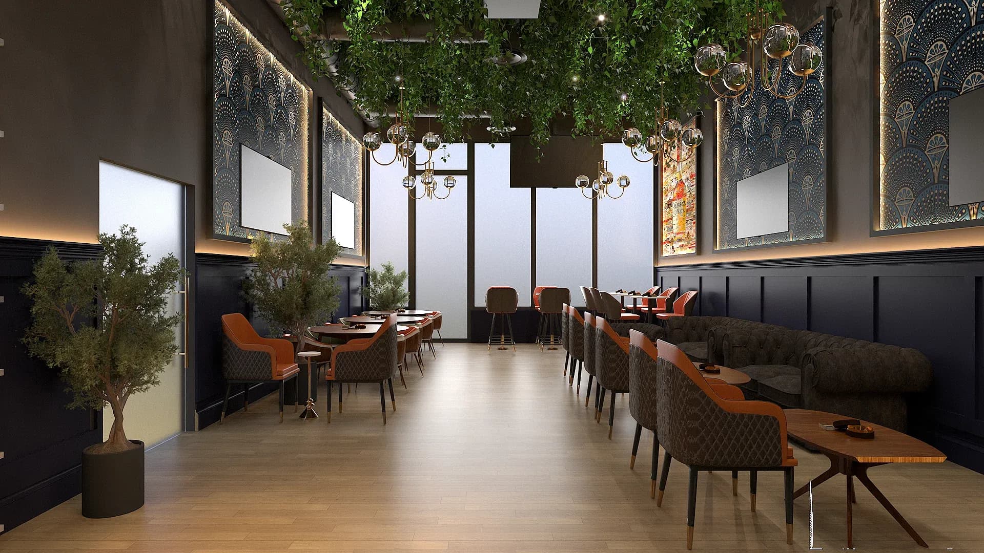 Upscale restaurant dining room with navy blue wainscot walls, lush hanging ceiling greenery, glass bubble chandeliers, cognac leather chairs, and tufted banquettes designed by Debora Interiors