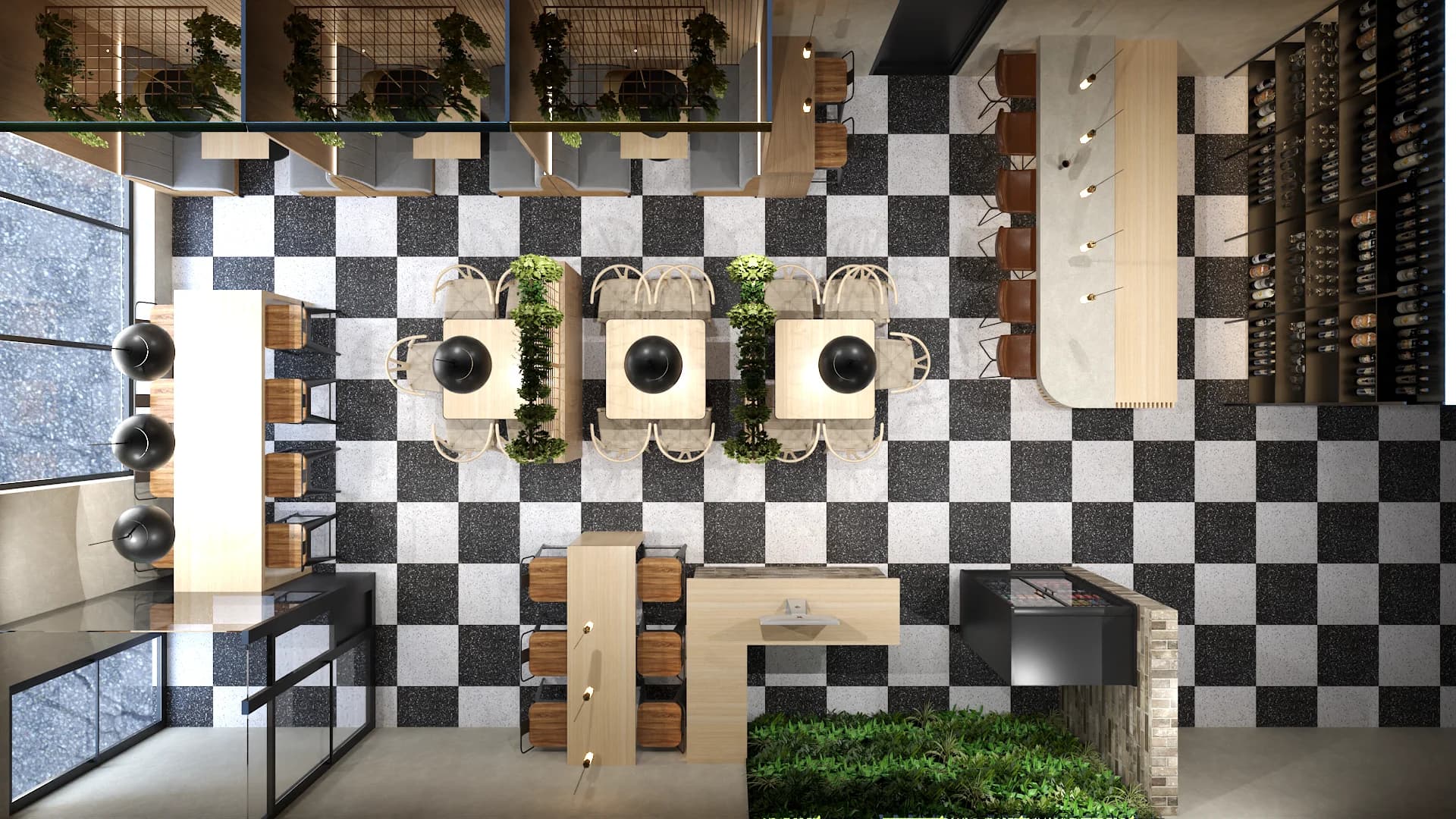 Top-down restaurant floor plan with black and white checkered terrazzo, dark bar counter, booth seating, and greenery