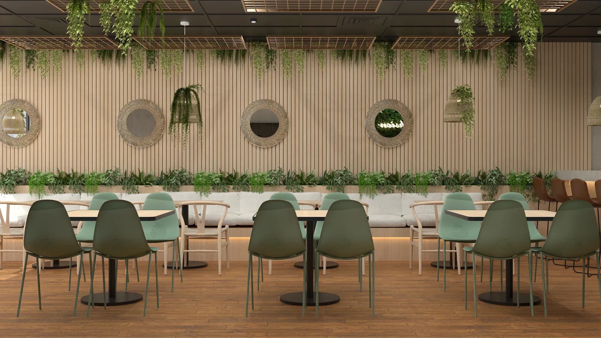 Green bistro chairs and wishbone chairs against oak slat mirror wall with plants