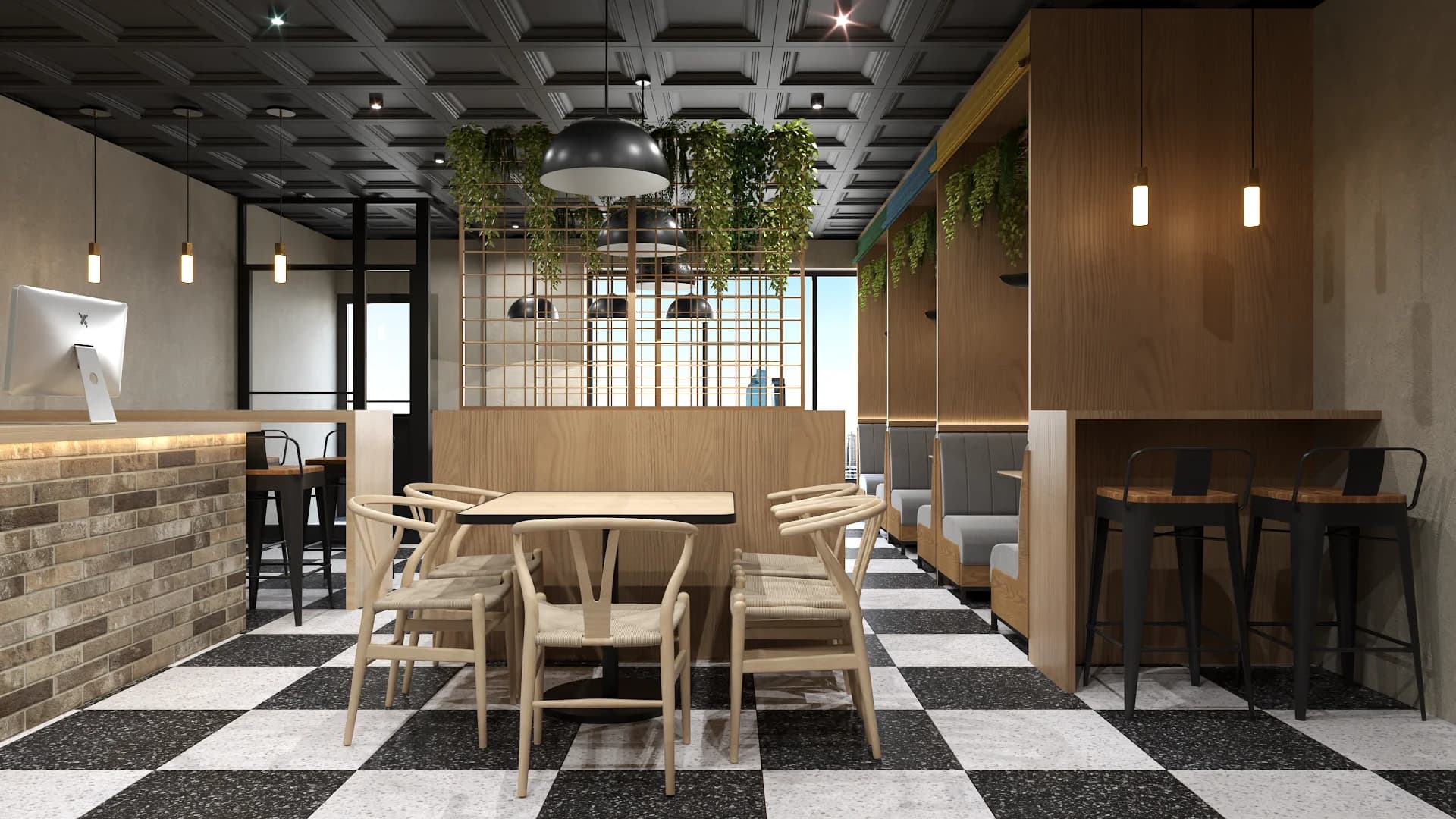 Wood booth bar with high top stools, brick feature wall, and wall-mounted TV screens