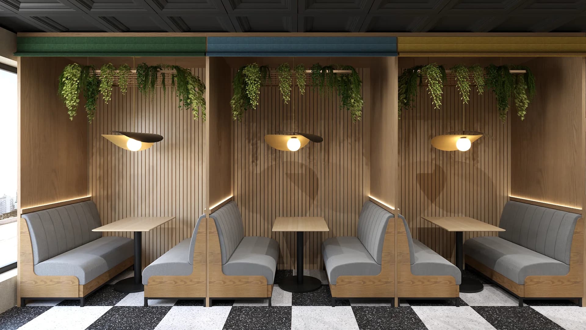 Colorful booth bay with red, blue, and yellow headers, gray seating, and wood slat backs