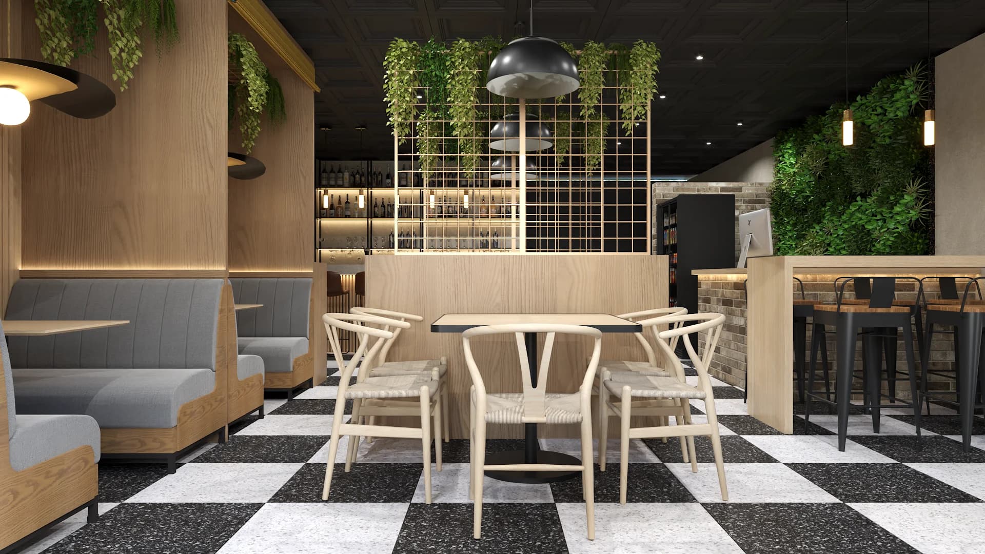 Bar area with wood grid partition, green molded chairs, terrazzo floor, and wine wall
