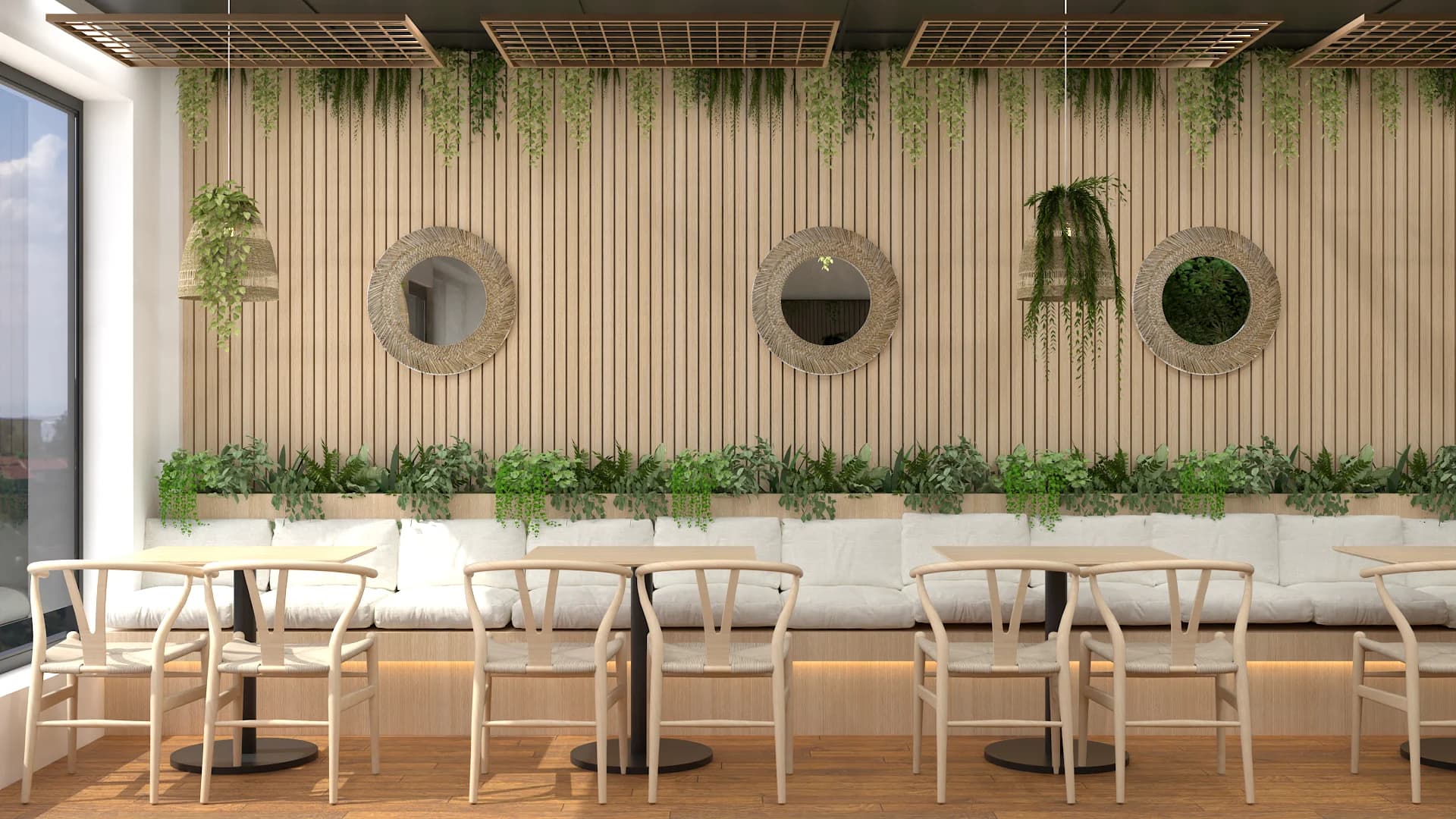 Oak slat feature wall with rattan circular mirrors and cream banquette seating