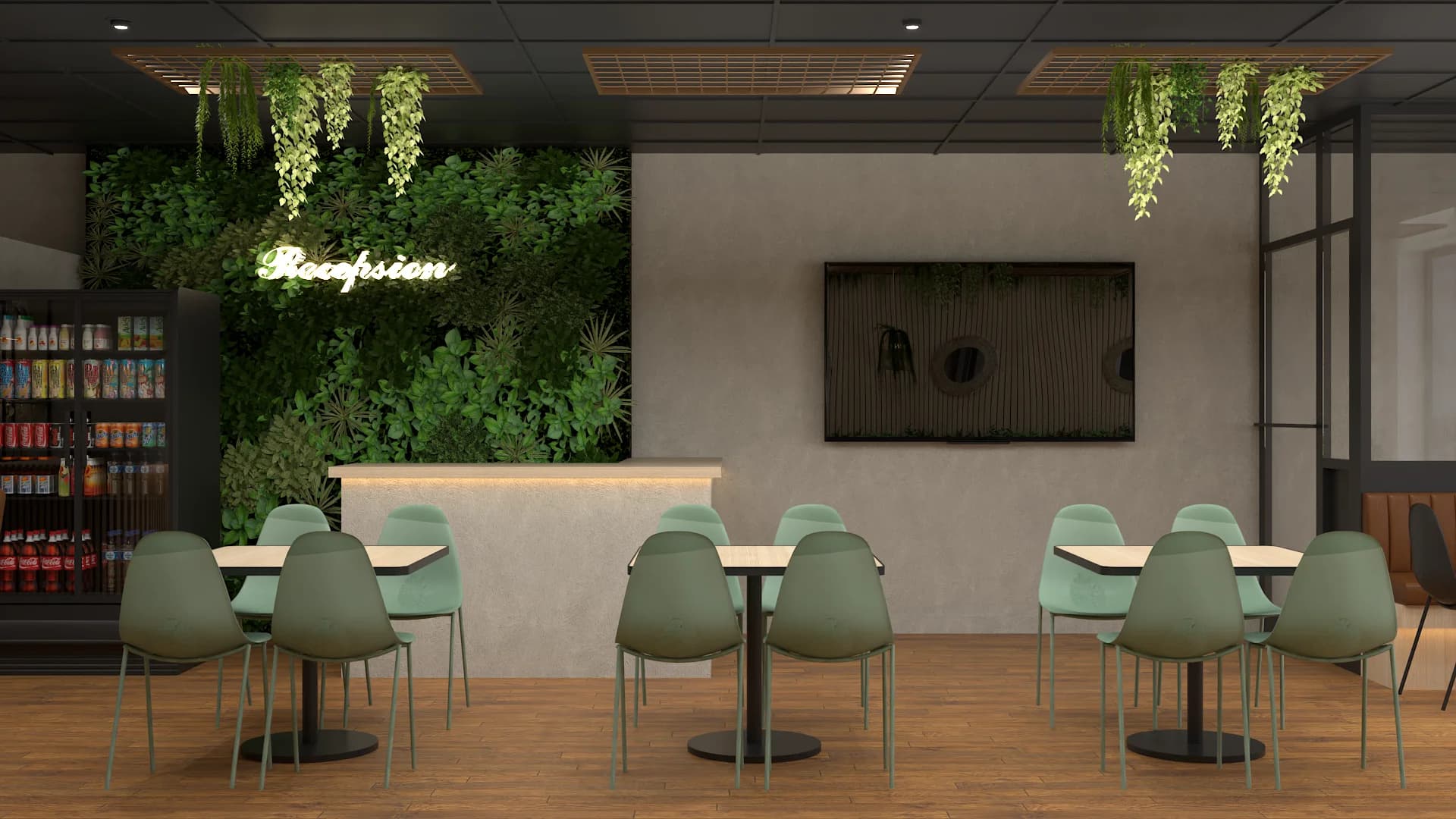 Reception counter with neon sign, living plant wall, and green bistro chairs