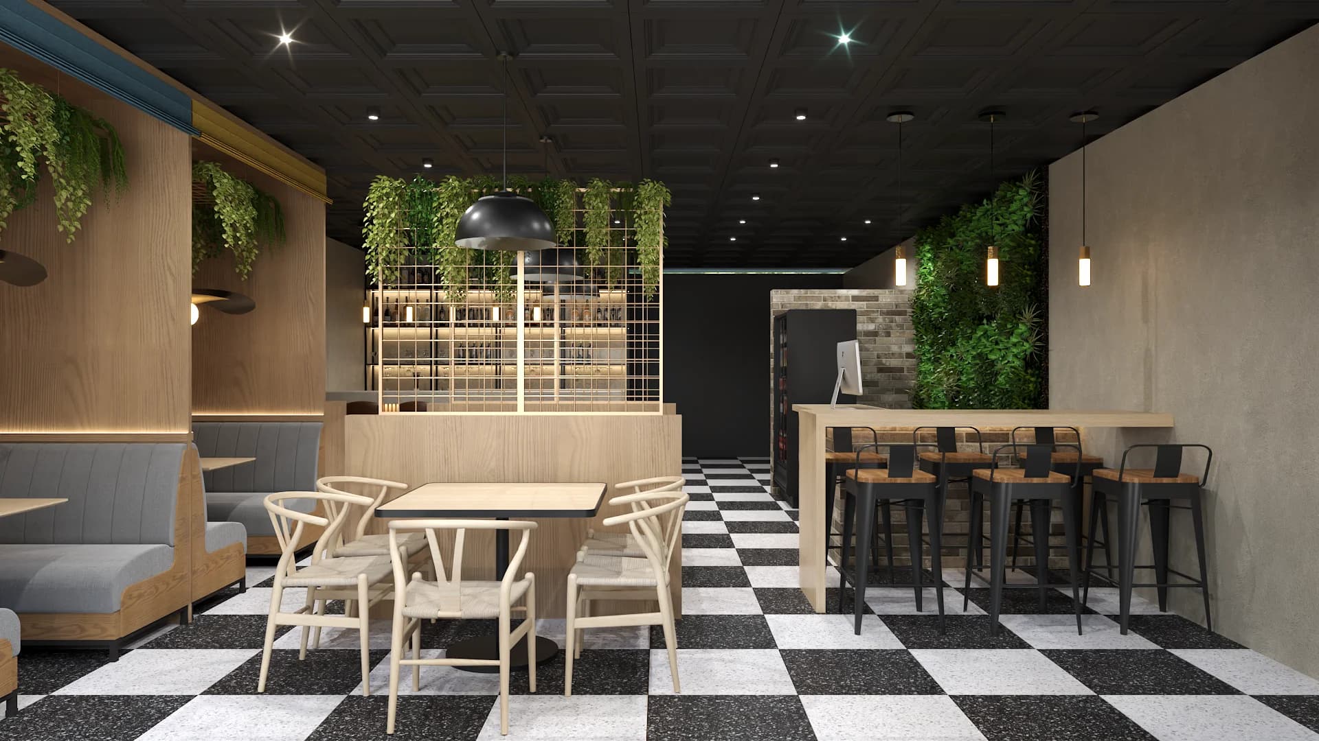 Bar high tops with wire grid screen, green chairs, pendant cluster, and plant wall