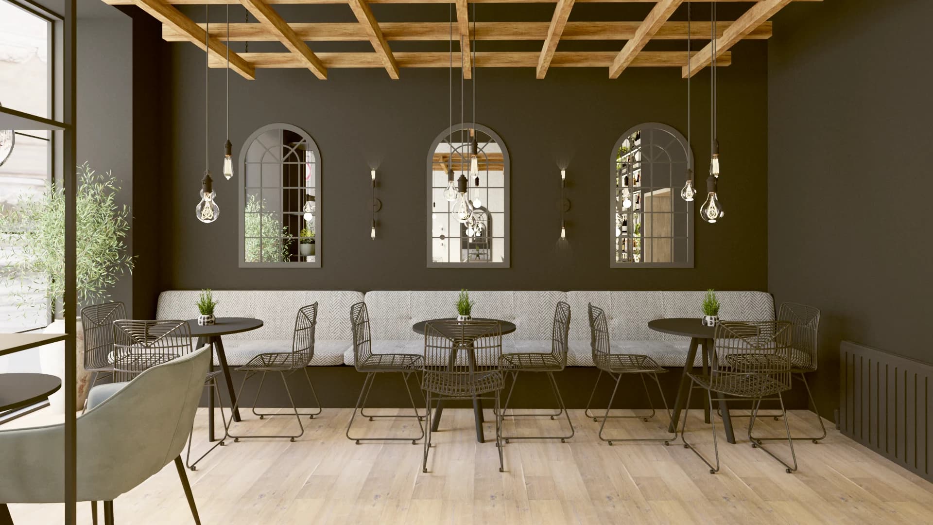 Dark olive banquette seating with wire chairs, arched windows, and wood beam ceiling