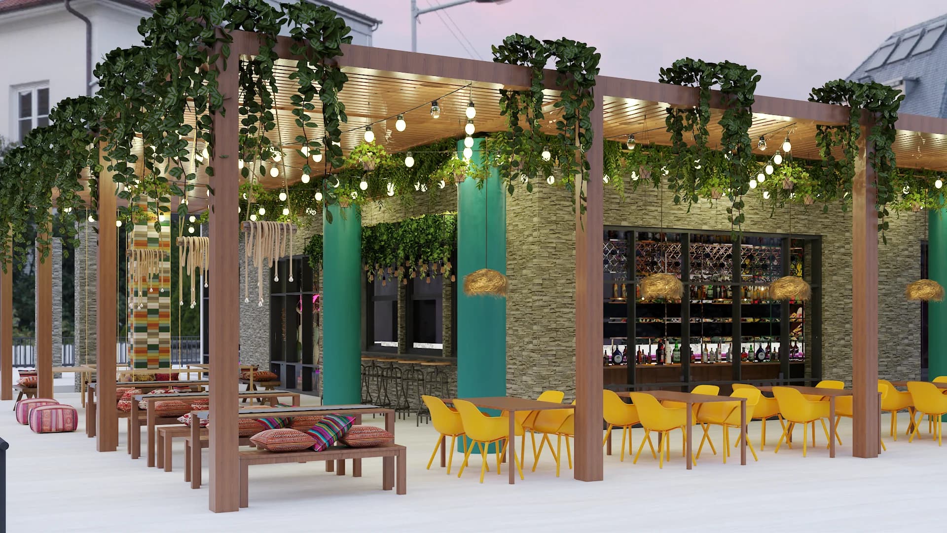 Outdoor pergola patio with string lights, hanging vines, and teal columns