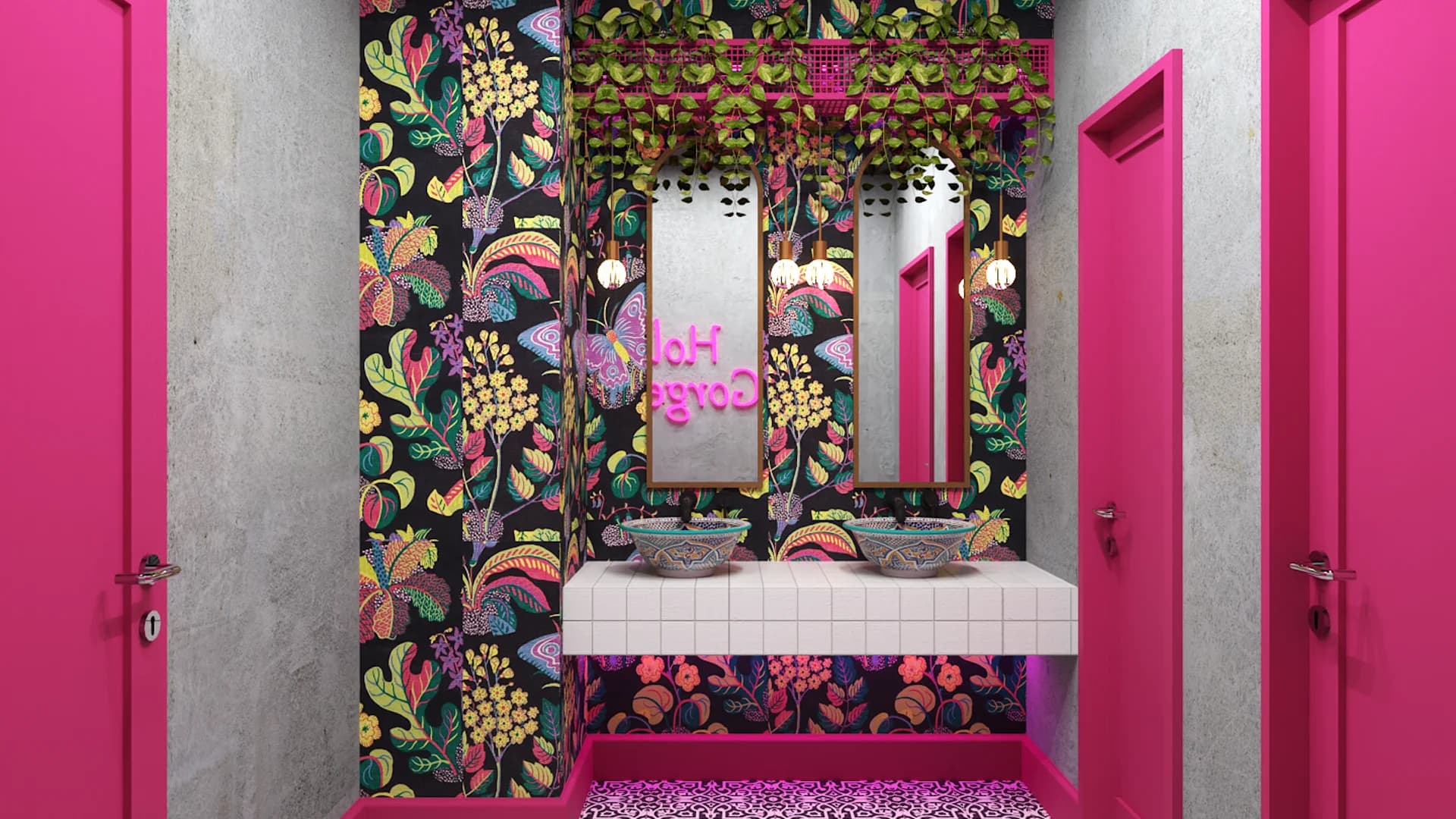Hot pink restroom with dark botanical wallpaper and Talavera bowl sinks
