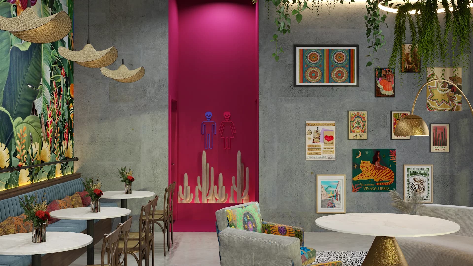 Hot pink corridor with cactus motif, eclectic gallery wall, and concrete walls