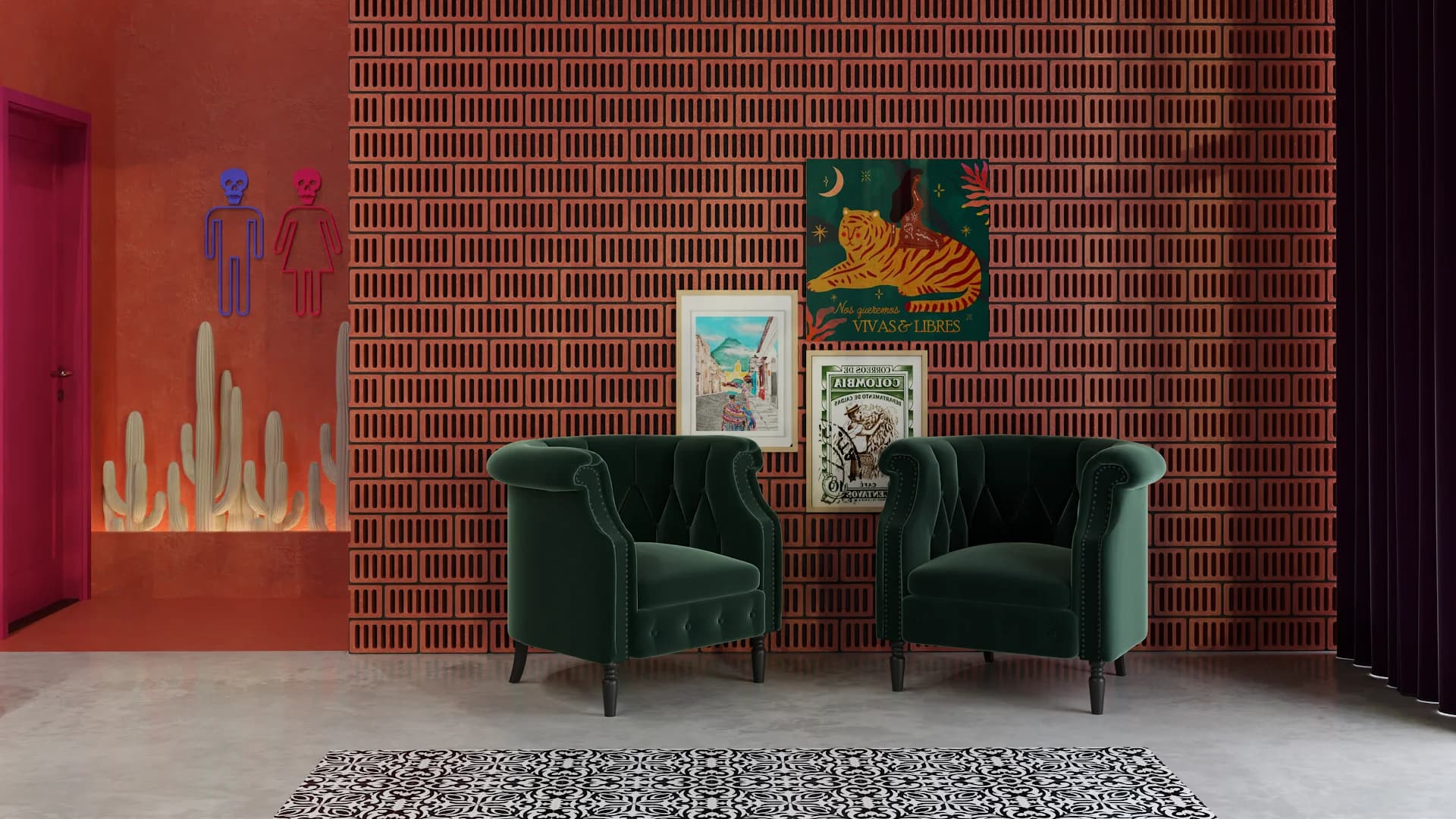 Perforated red brick wall with green velvet armchairs and vintage posters