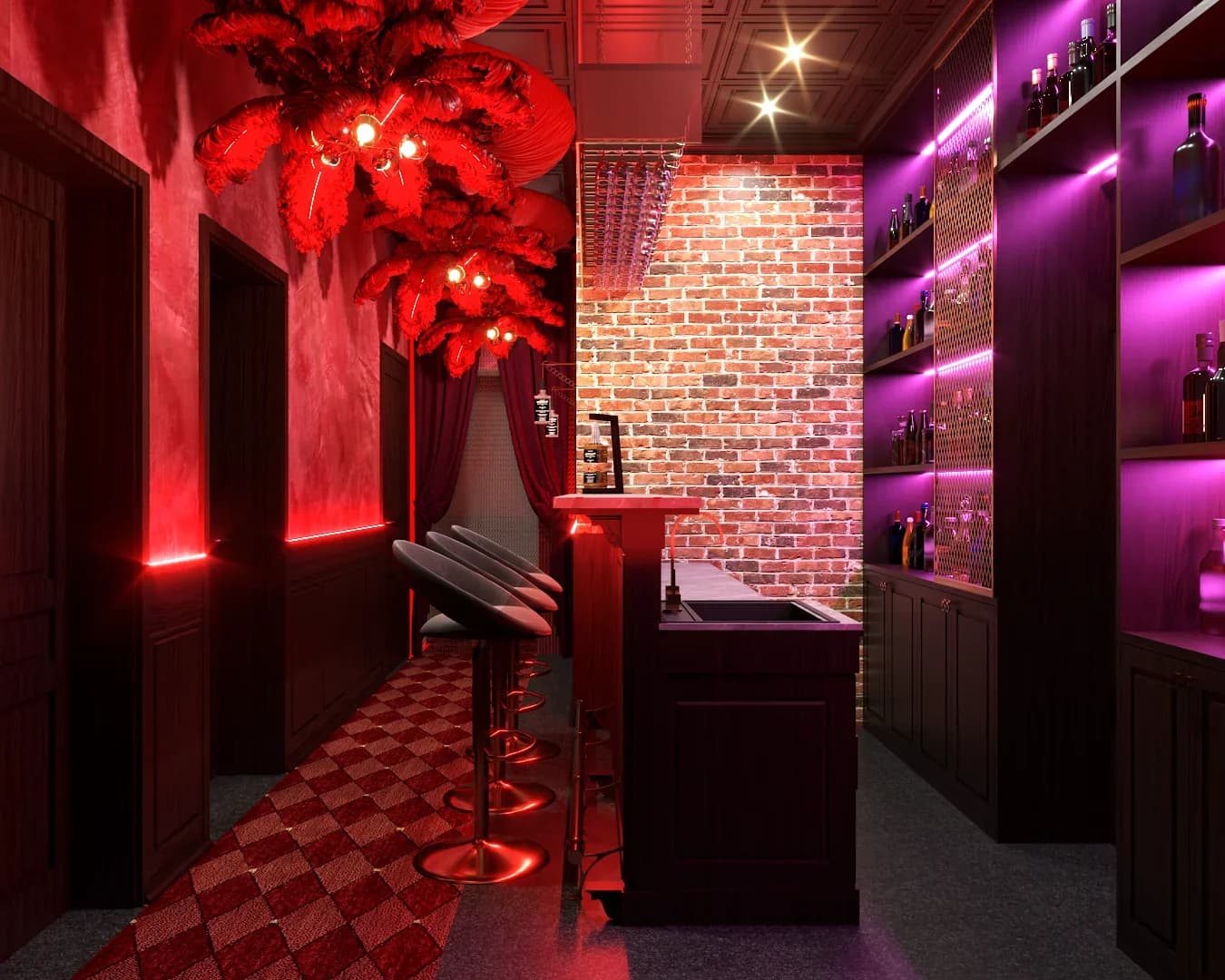 Narrow bar corridor with exposed brick wall, red and magenta LED strip lighting, dark wood paneling, red floral arrangement overhead, metallic bar counter with red cushioned stool, backlit liquor shelves with purple glow, and patterned dark floor tiles