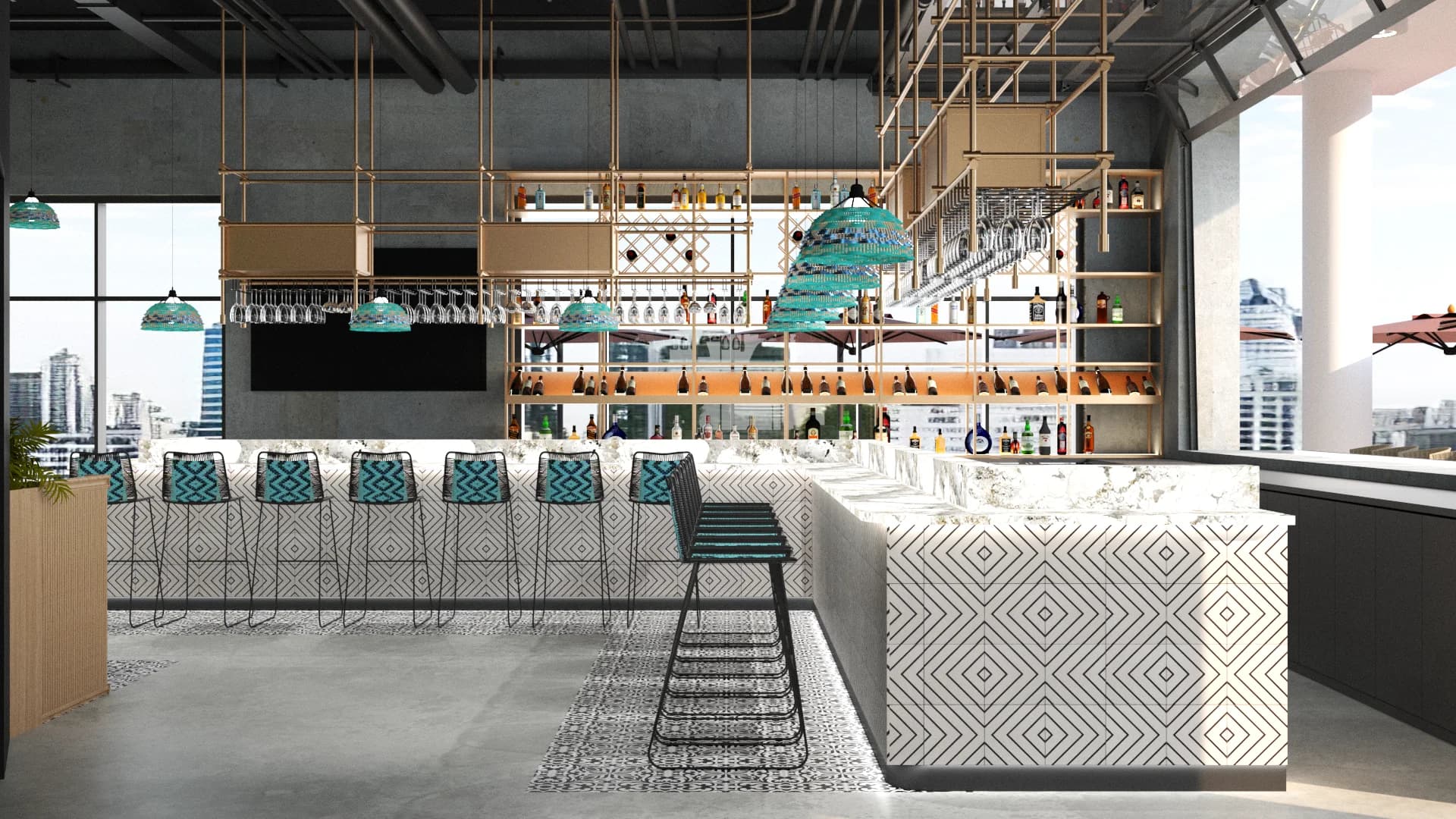 Rooftop bar with geometric diamond tile counter, teal pendants, and city skyline