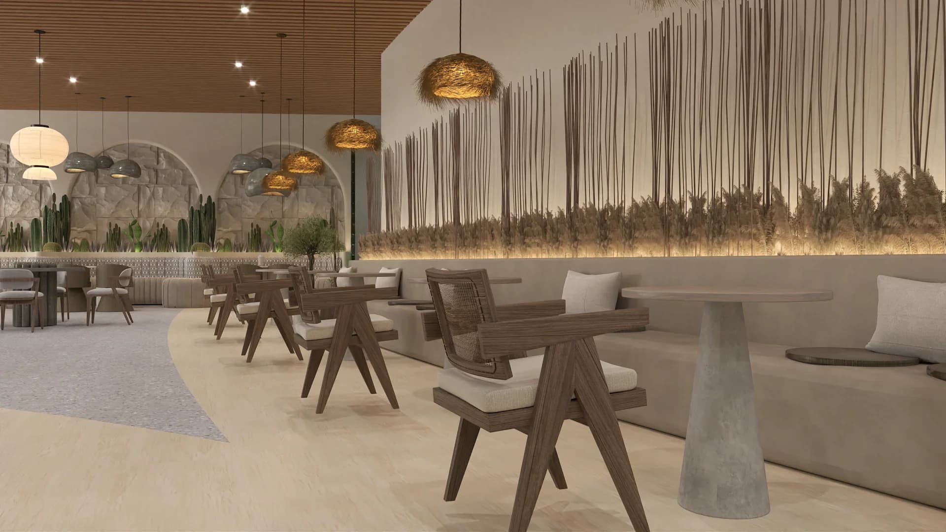 Interior lounge area with wood-slat ceiling panels, woven rattan pendant lights, dark walnut Chandigarh-style armchairs with cream cushions, built-in beige banquette seating, concrete pedestal side tables, vertical dried reed wall installation with uplighting, stone arched alcoves with greenery, and terrazzo flooring