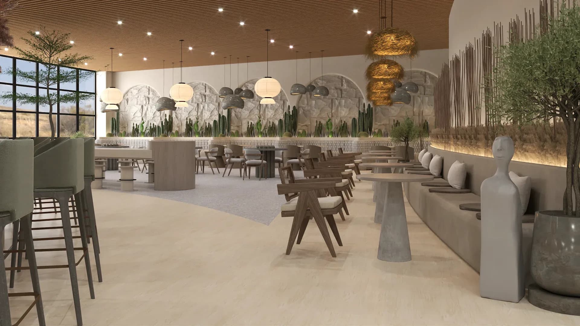 Open desert terrace restaurant with natural stone arched alcoves displaying cactus gardens, golden woven basket pendant lights, wood slat ceiling, mixed seating zones, and sandy earth-tone palette designed by Debora Interiors