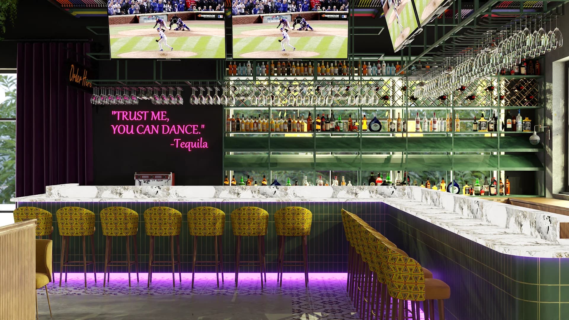 Tequila bar with marble countertop, yellow stools, green bottle wall and purple LED lighting