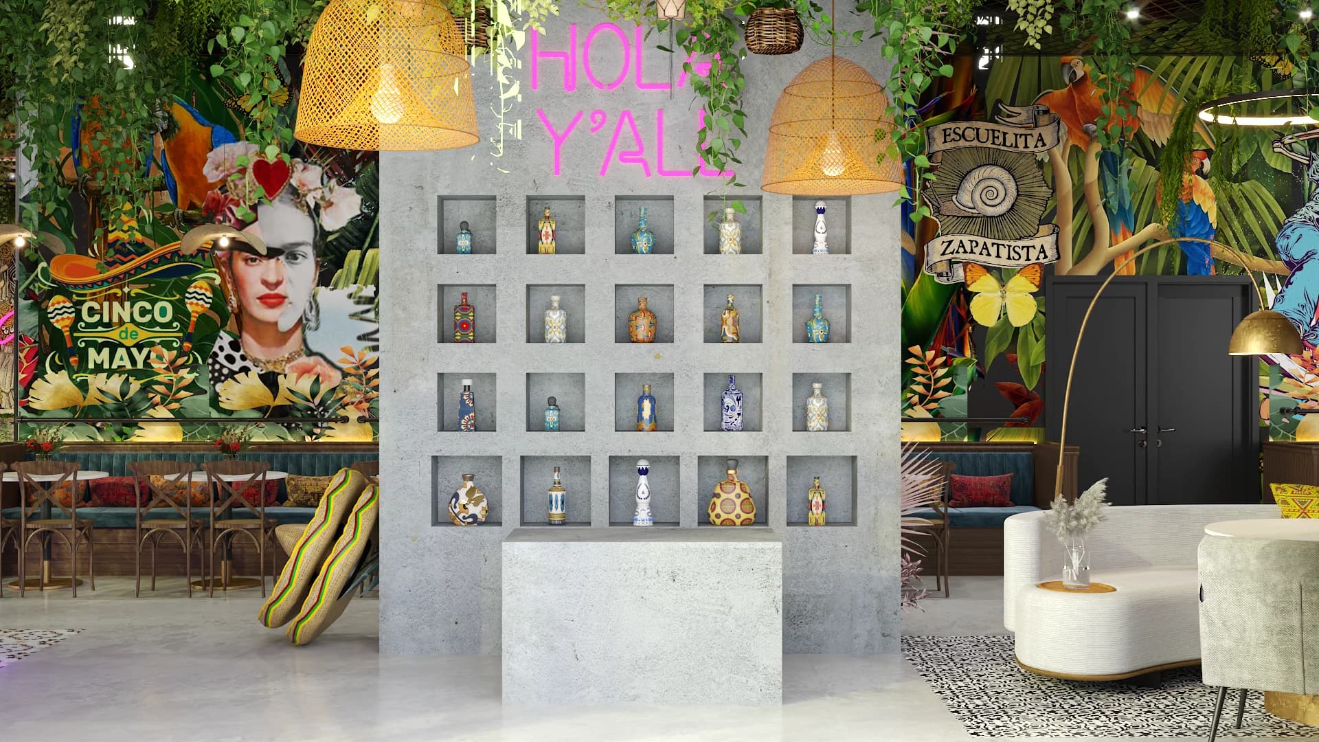 Concrete tequila bottle niche display wall with pink neon sign and tropical murals