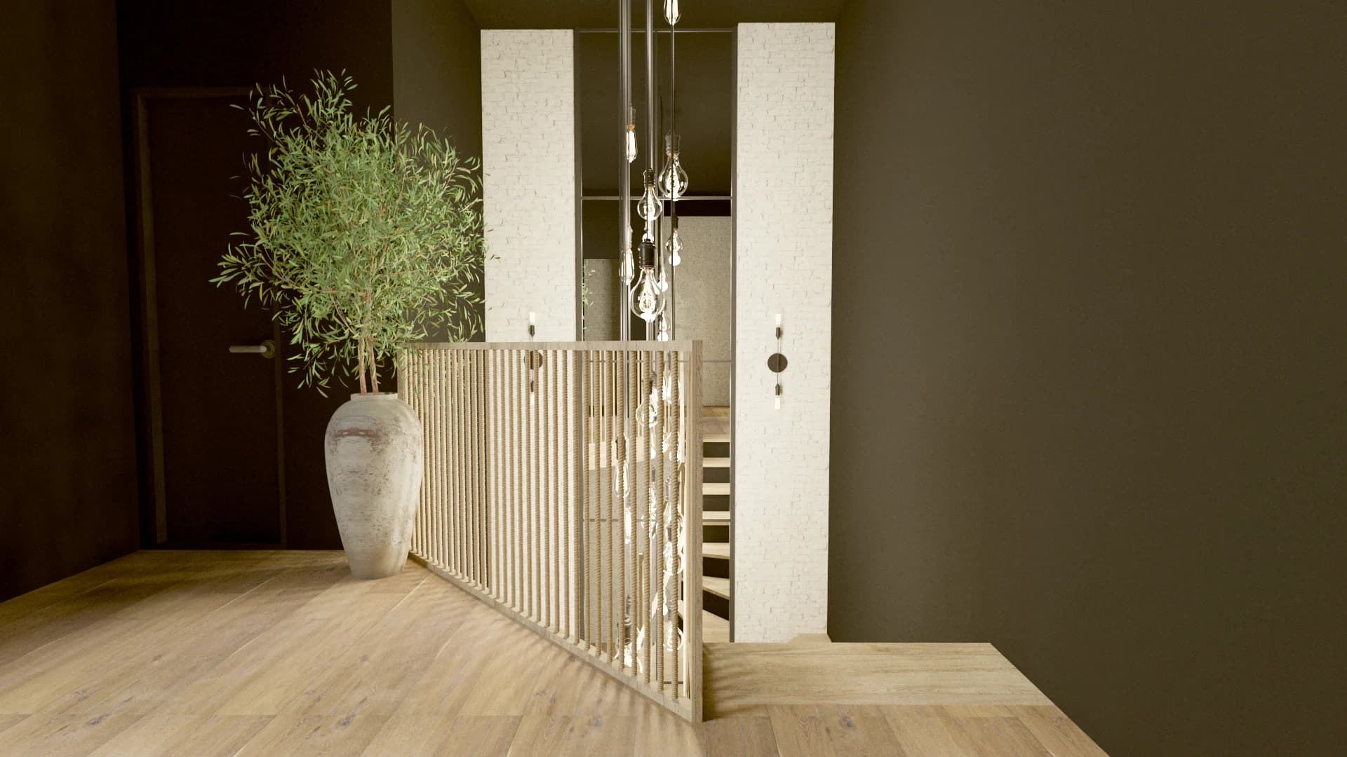 Restaurant upper landing with wood slat railing, crystal pendants, and oak floor