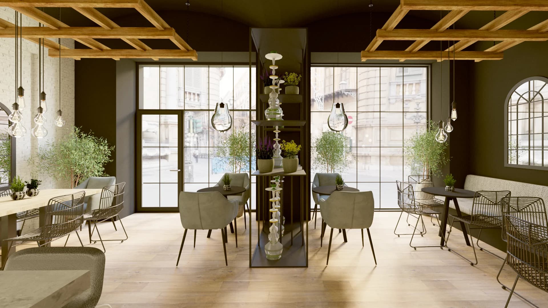 Restaurant dining area with wood lattice ceiling, exposed pendant bulbs, and floor-to-ceiling windows