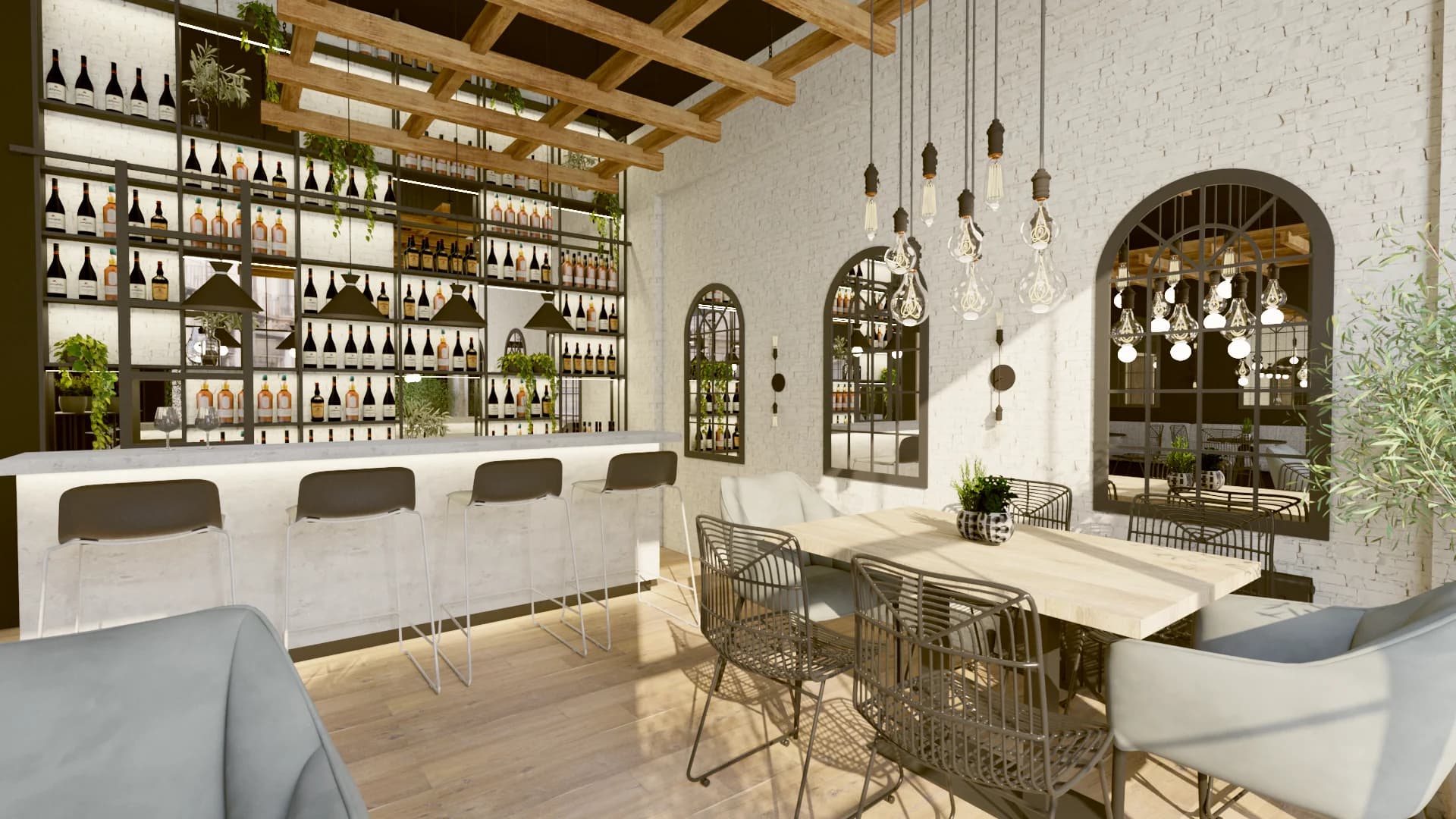 Wine bar with floor-to-ceiling bottle shelves, marble counter, arched windows, and Edison pendants