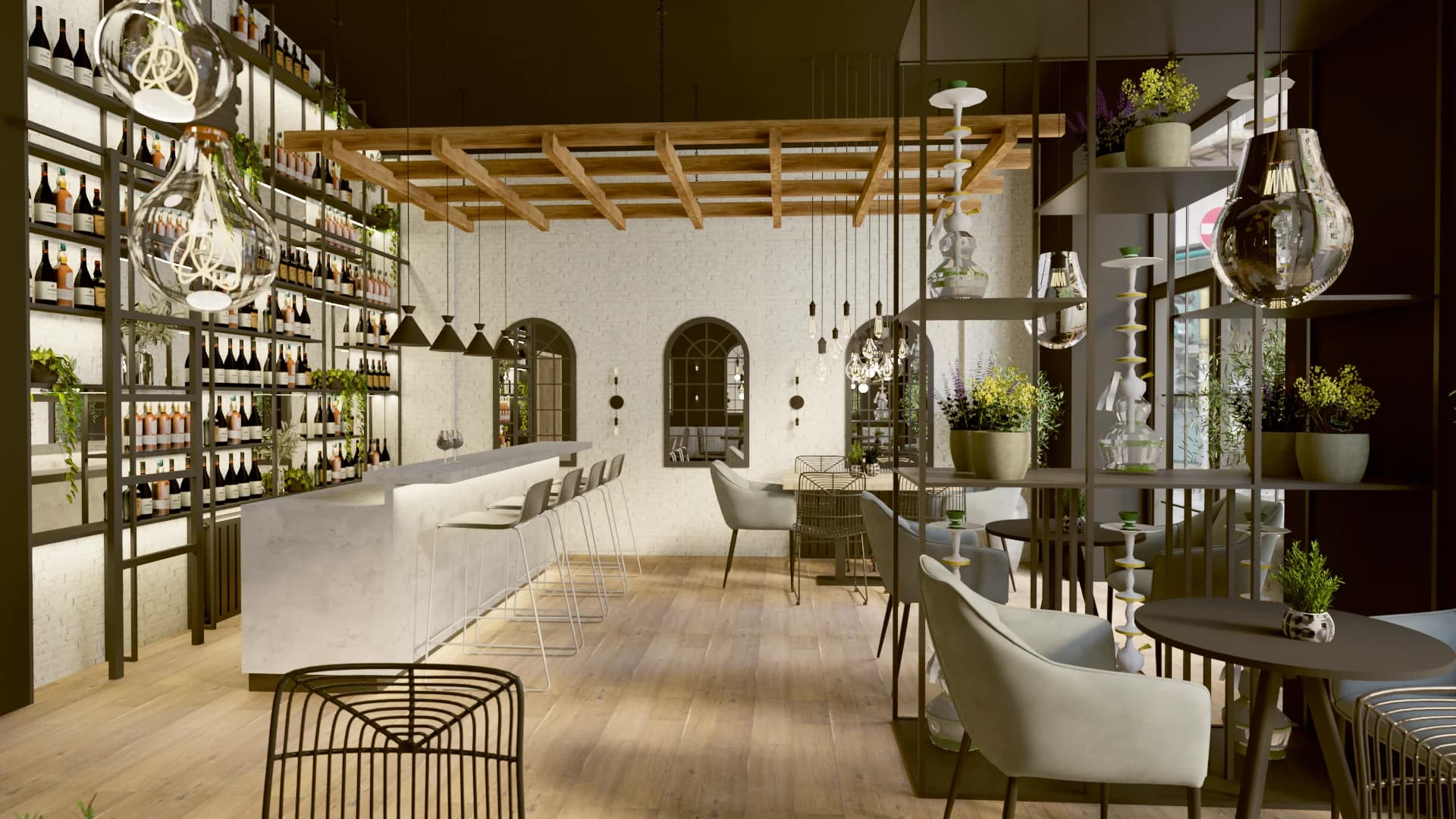 Contemporary wine bar with floor-to-ceiling bottle display shelving, wood beam ceiling grid, and mixed globe and Edison pendants