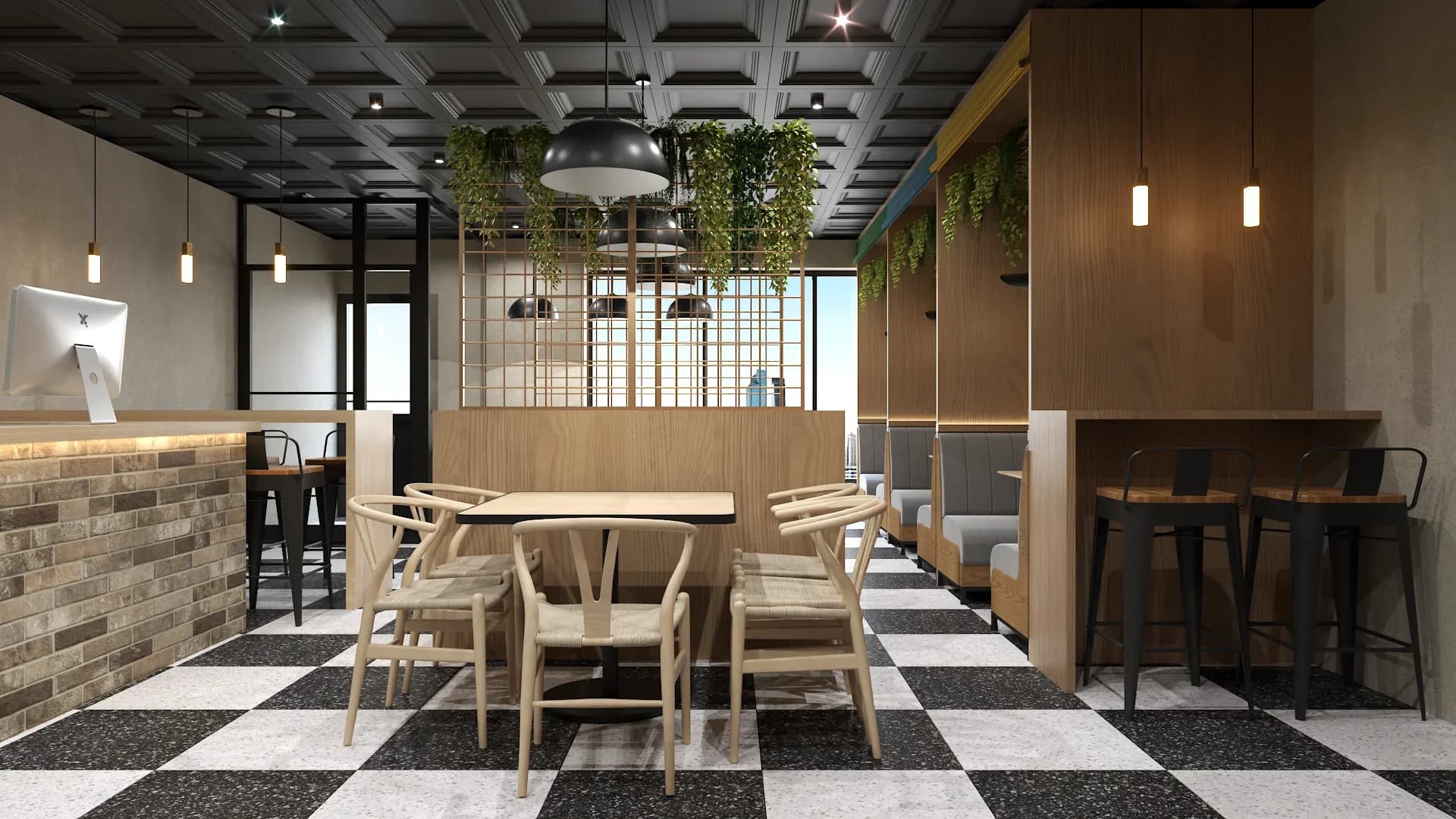 Restaurant dining area with black and white checkerboard terrazzo floor, light oak wishbone chairs around a wood booth table, hanging greenery from exposed gray grid ceiling, dark dome pendant lights, brick accent wall, black metal grid partition, bar counter with dark stools, and warm oak wall paneling