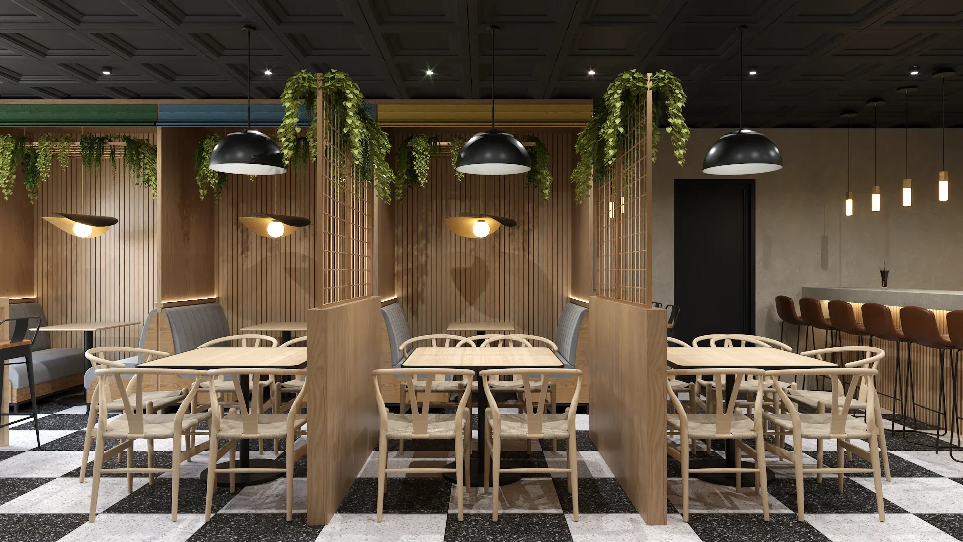 Restaurant dining area with vertical natural wood slat room dividers, black dome pendant lights, trailing green plants overhead, wishbone chairs with woven seats, and black and white checkerboard marble floor designed by Debora Interiors