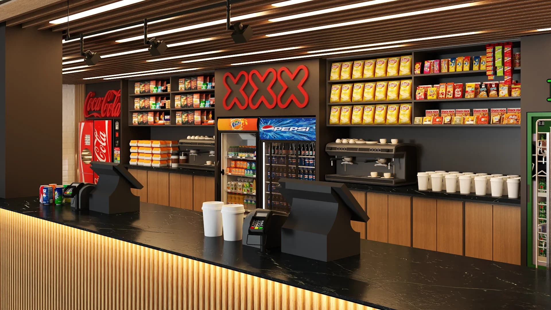 Close-up of fast food service counter with black marble countertop, wood-slat front panel with warm LED underlighting, dual POS terminals, coffee machine station with white paper cups, red neon logo sign on dark back wall, open beverage cooler, snack chip display shelving, and overhead wood-slat ceiling with strip lights