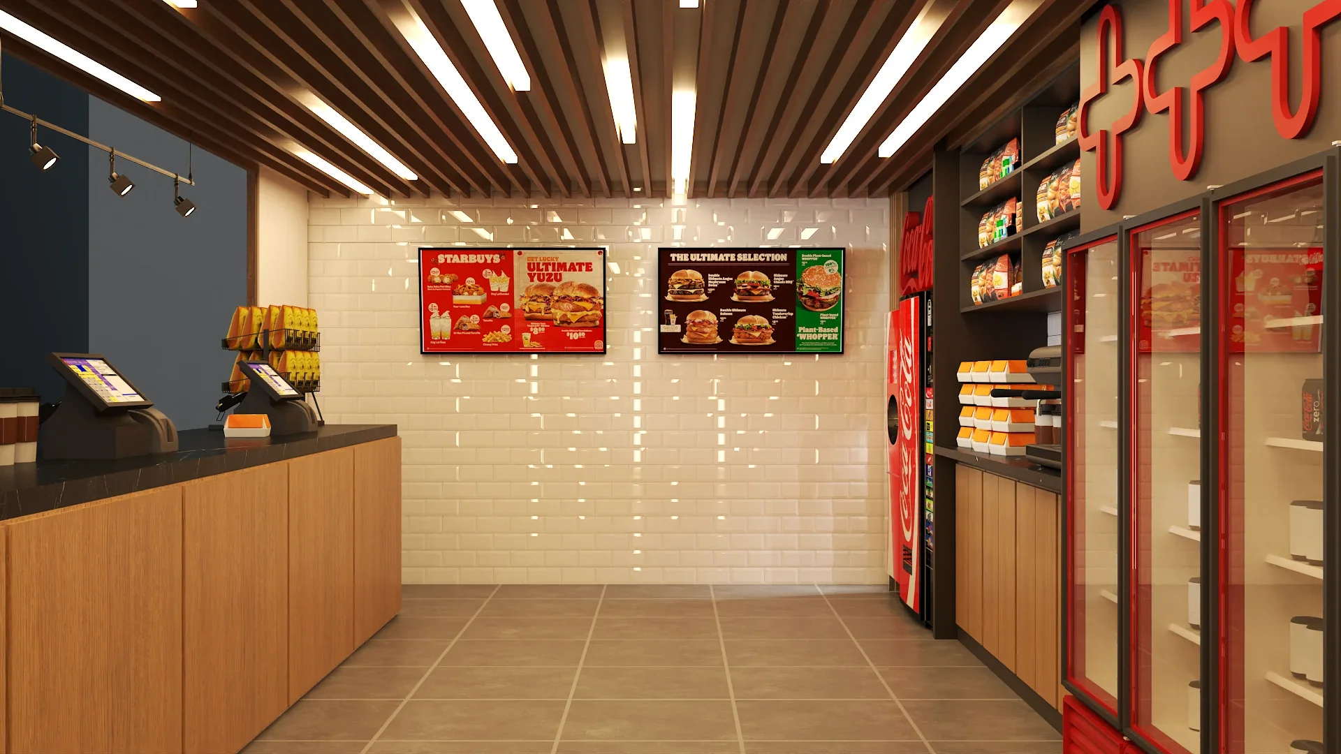 Fast food interior angled view showing wood-slat ceiling with linear LED light strips, white subway tile accent wall, two backlit menu boards, oak cabinetry service counter with register, track lighting along the left wall, red branded refrigerator display cases on the right, and snack shelving with warm underlighting