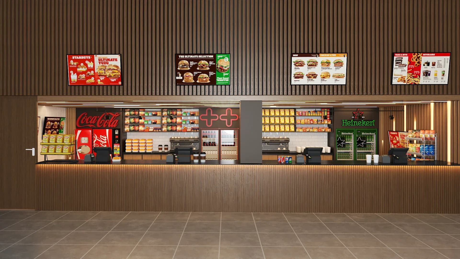 Fast food counter front view with vertical wood-slat wall cladding, five illuminated menu boards mounted above, backlit product shelving stocked with snacks and beverages, dual cash register stations on oak cabinetry, warm LED strip lighting along the counter base, and beige tile flooring
