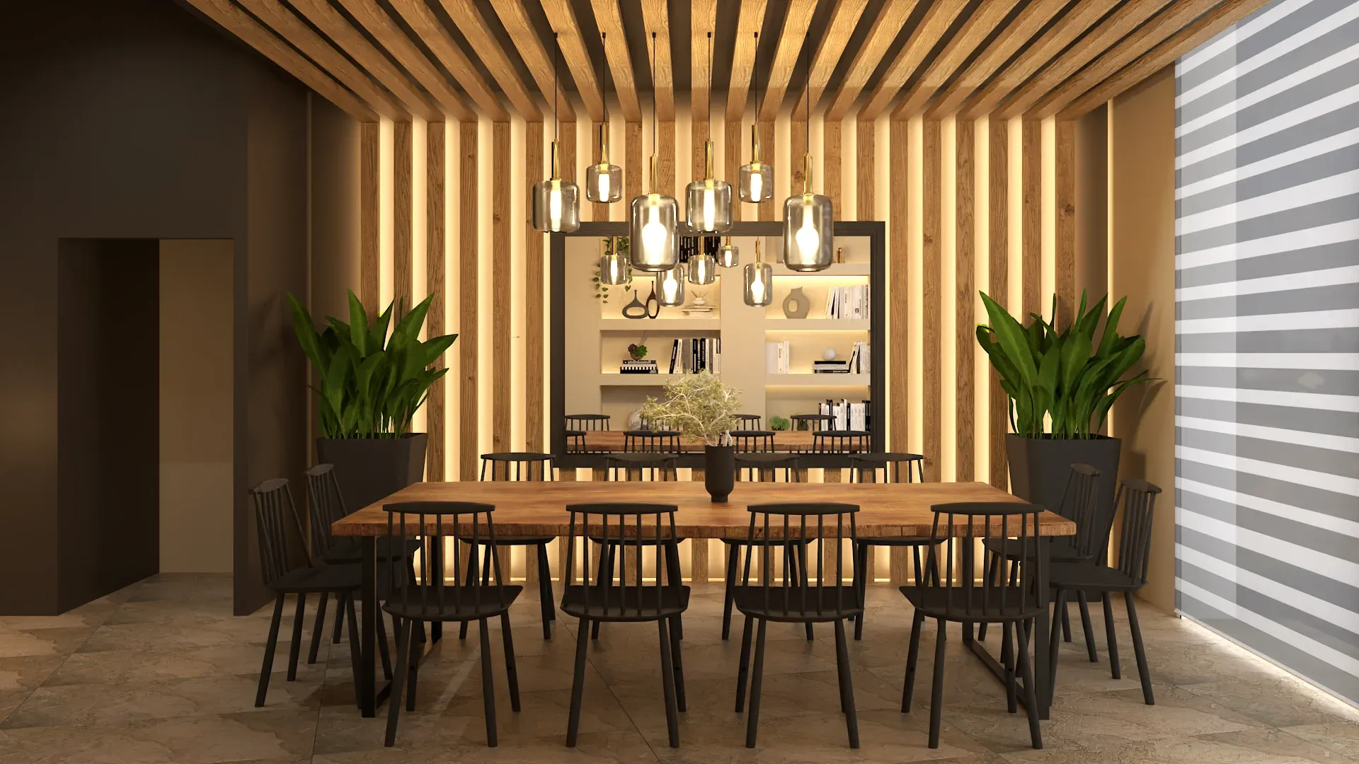 Intimate private dining room with dramatic floor-to-ceiling natural wood slat walls and ceiling, long live-edge wood dining table, black spindle chairs, amber glass pendant lights, and tropical plants in modern planters designed by Debora Interiors