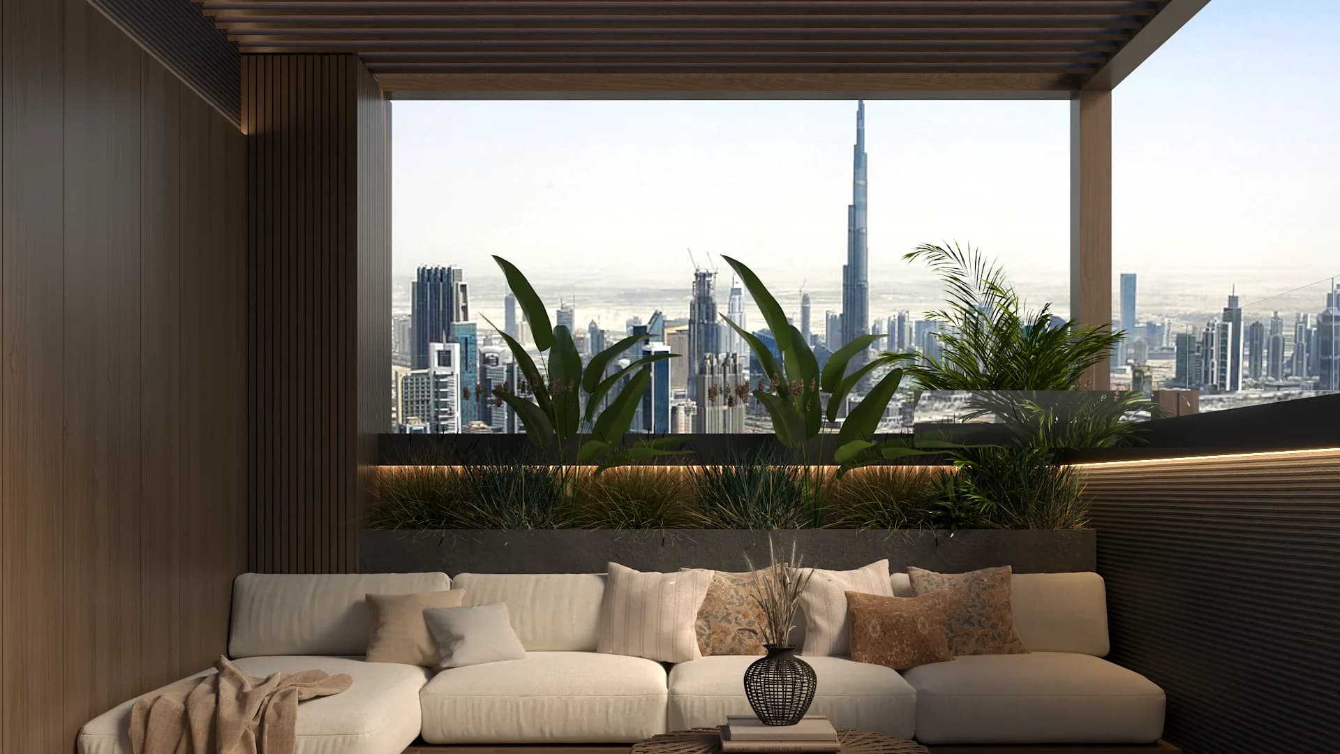 Covered rooftop lounge with cream sectional, planted green wall, pergola ceiling, and open city skyline view