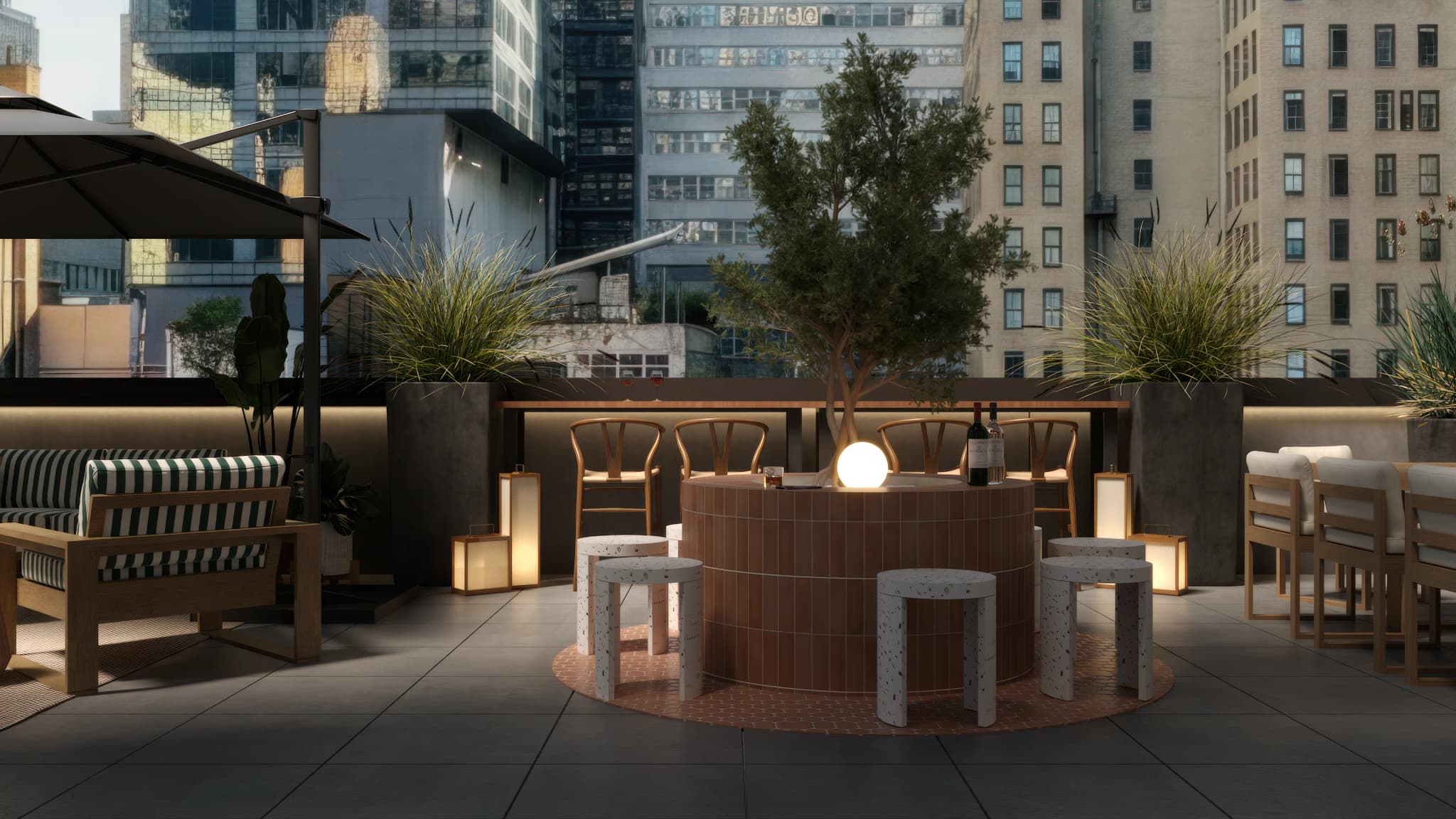 Rooftop bar with curved terracotta tile counter, mature olive tree, terrazzo stools, and ambient evening lighting. Design by Debora, an online interior design service.