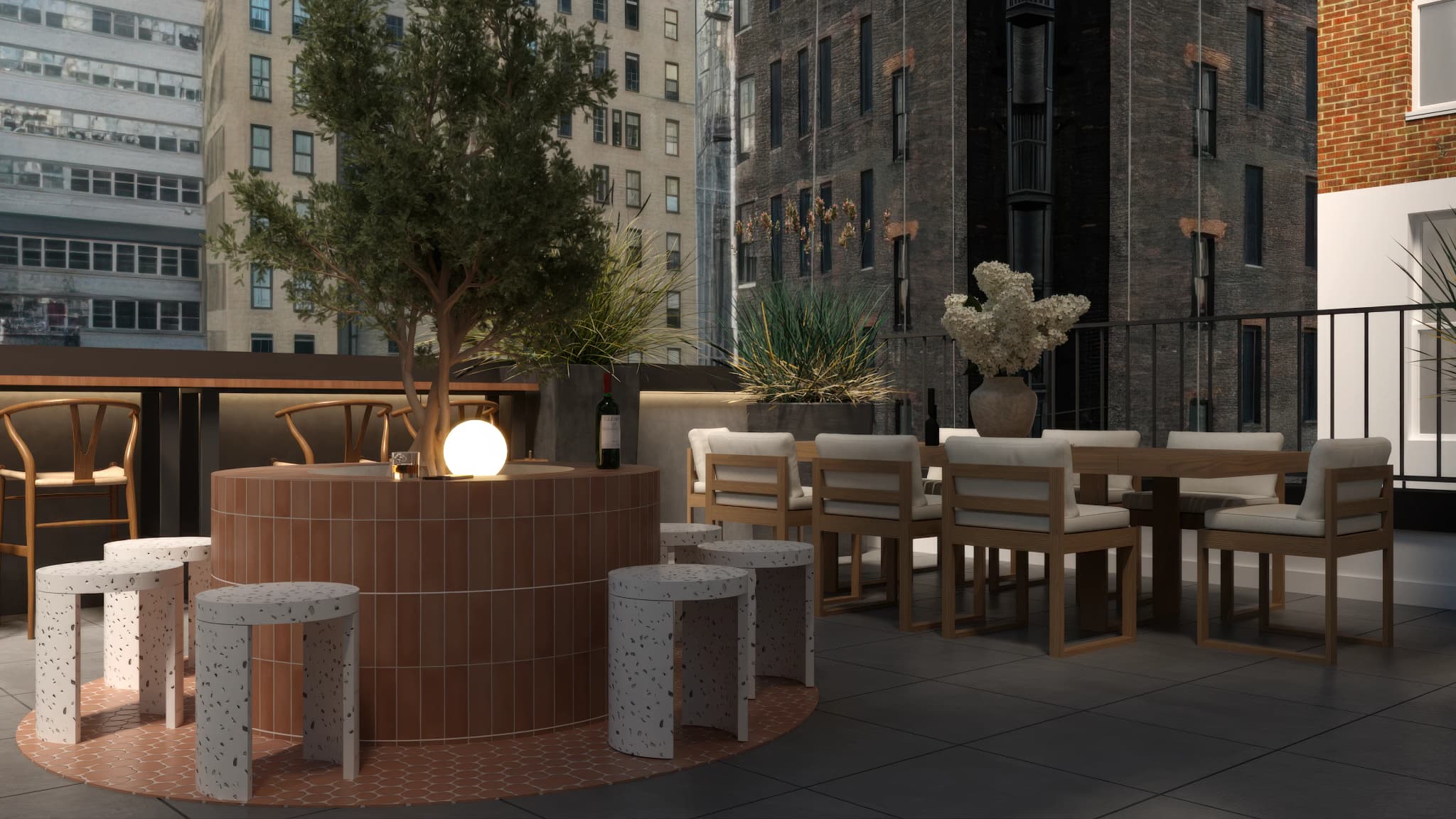 Evening rooftop dining area with ambient lighting