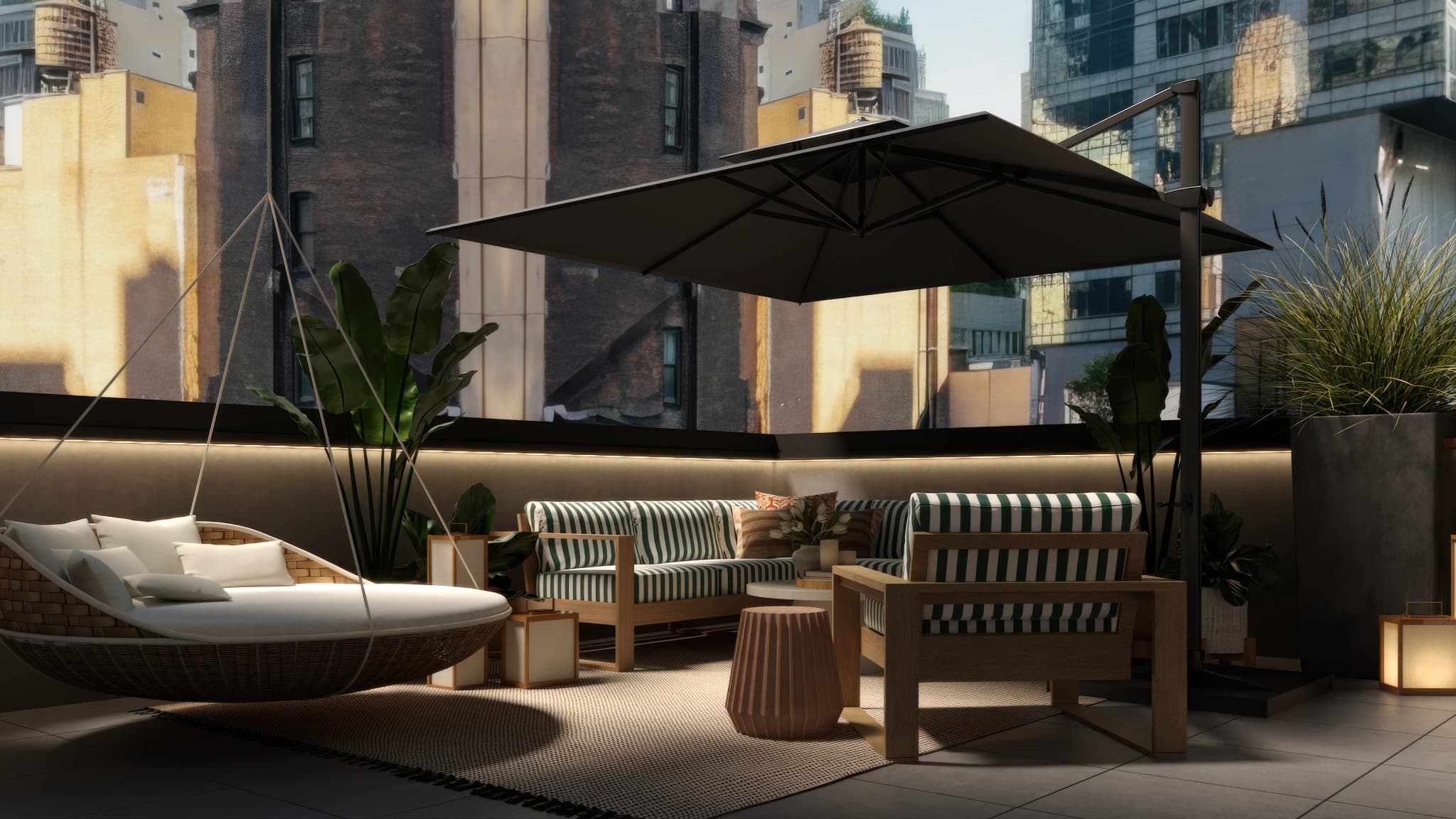 Rooftop lounge seating under cantilever umbrella